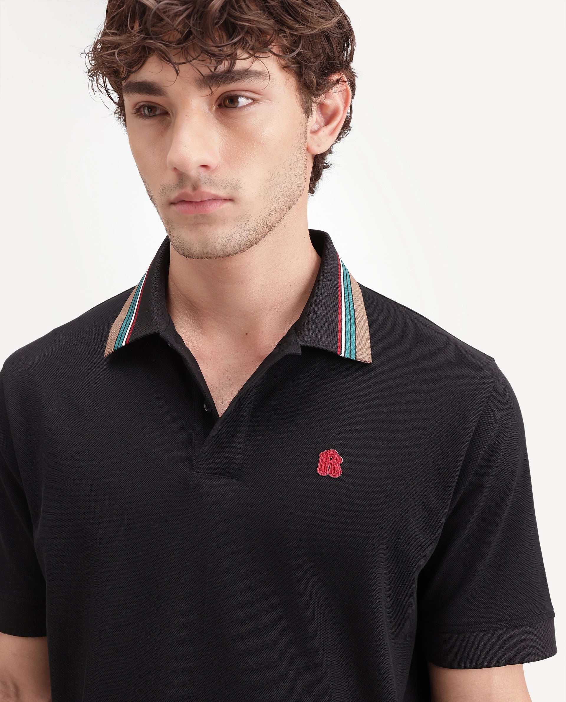 Rare Rabbit Men's Andre Black Cotton Spread Collar Regular Badge Applique Polo
