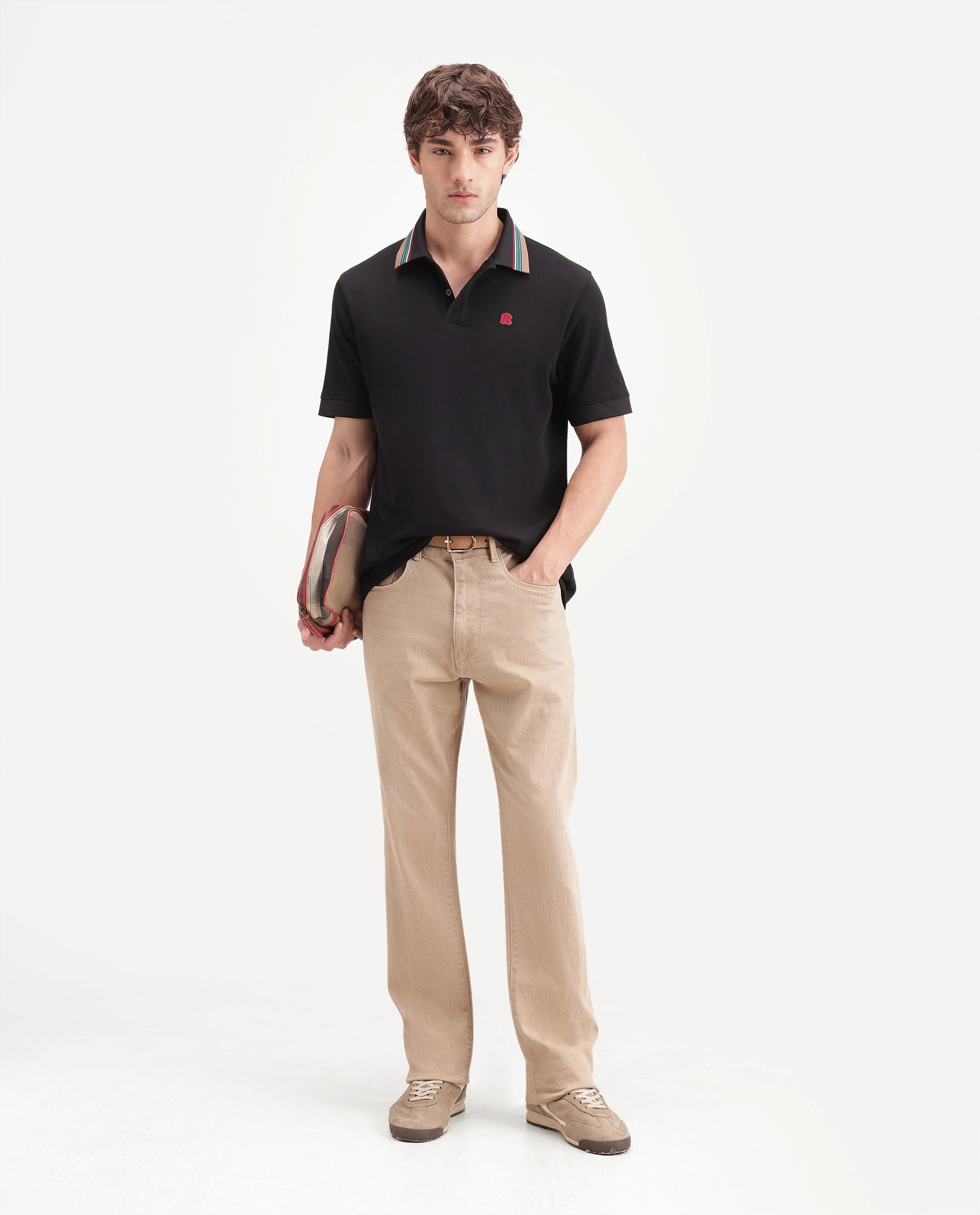 Rare Rabbit Men's Andre Black Cotton Spread Collar Regular Badge Applique Polo