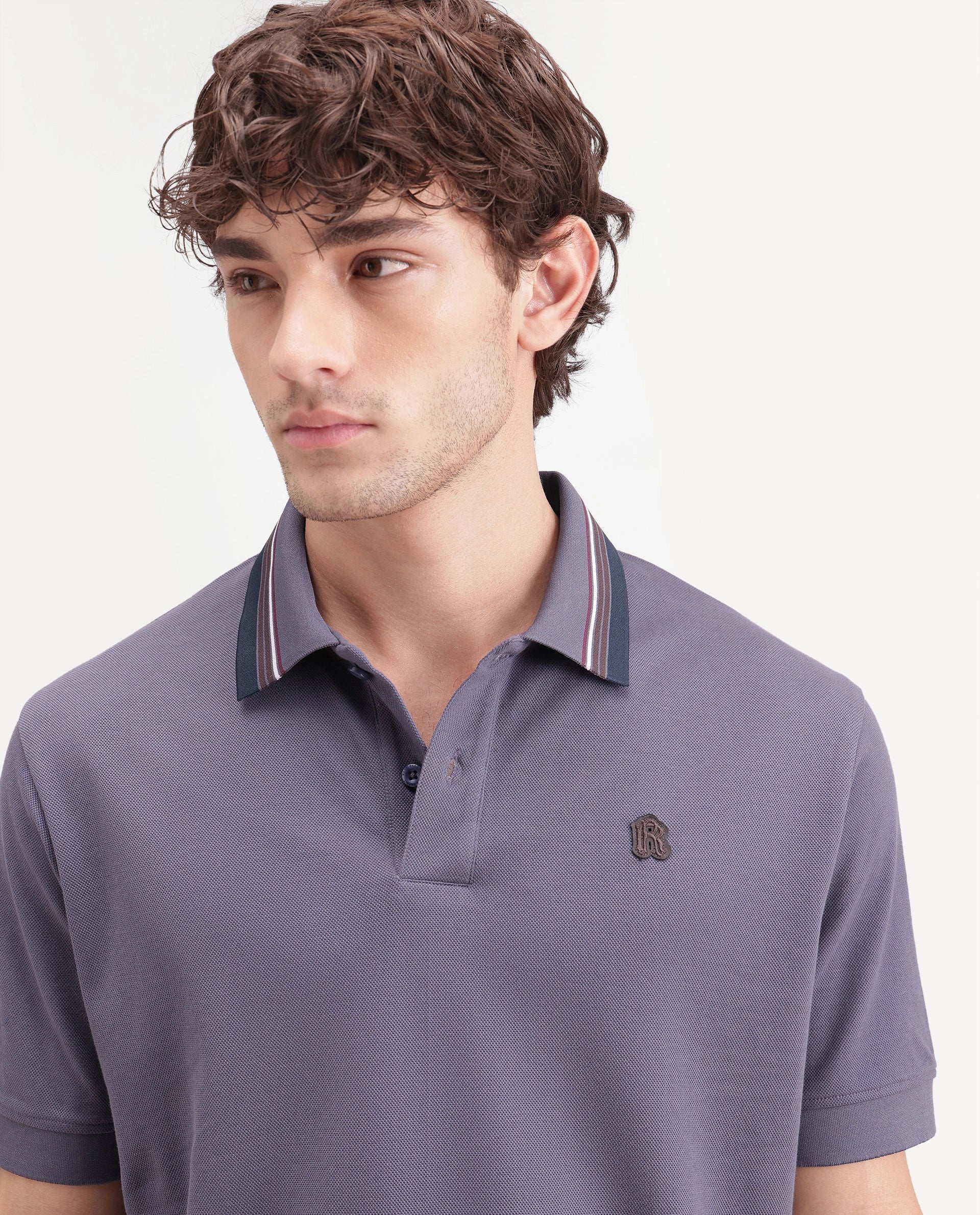 Rare Rabbit Men's Andre Dark Purple Cotton Spread Collar Regular Badge Applique Polo