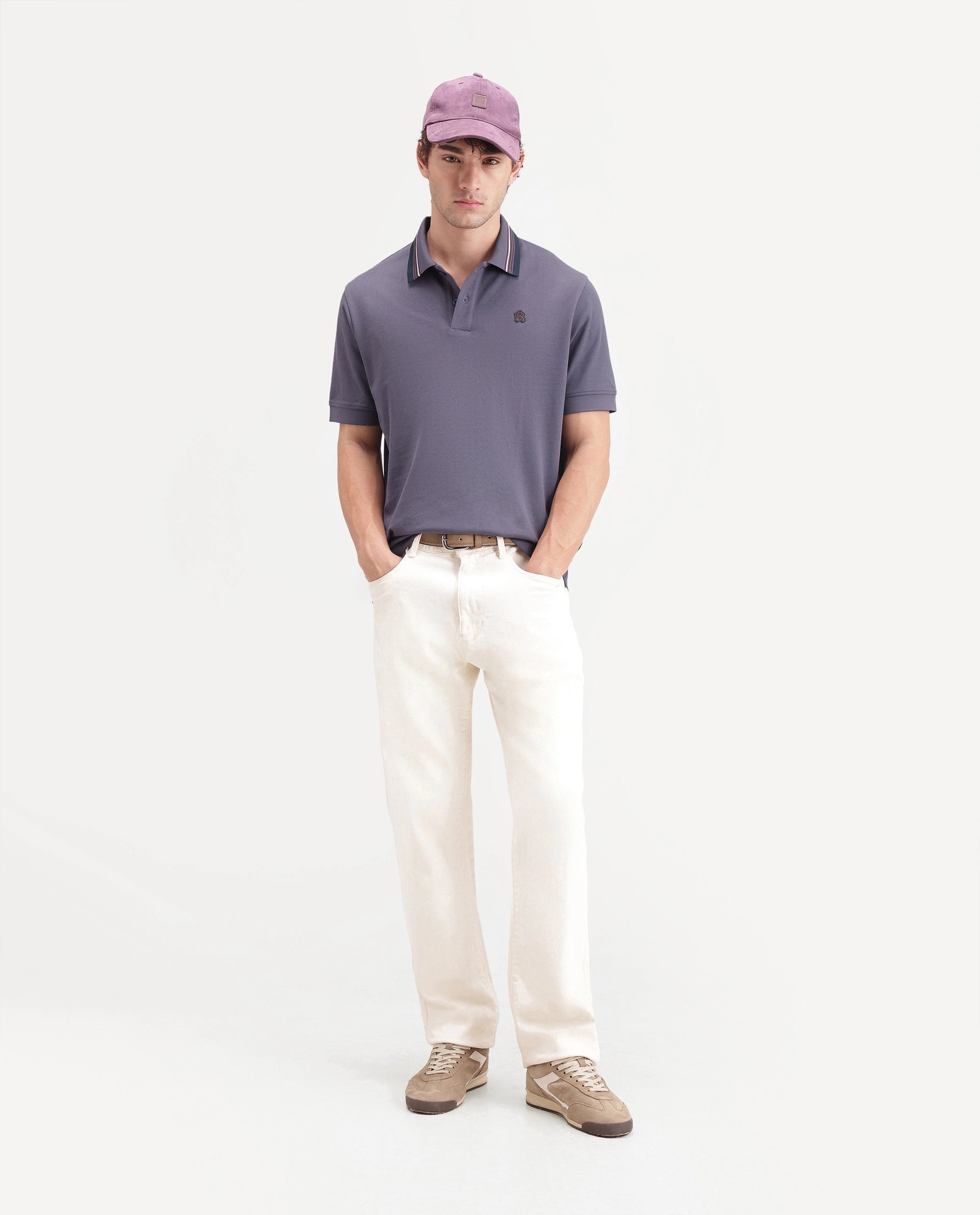 Rare Rabbit Men's Andre Dark Purple Cotton Spread Collar Regular Badge Applique Polo