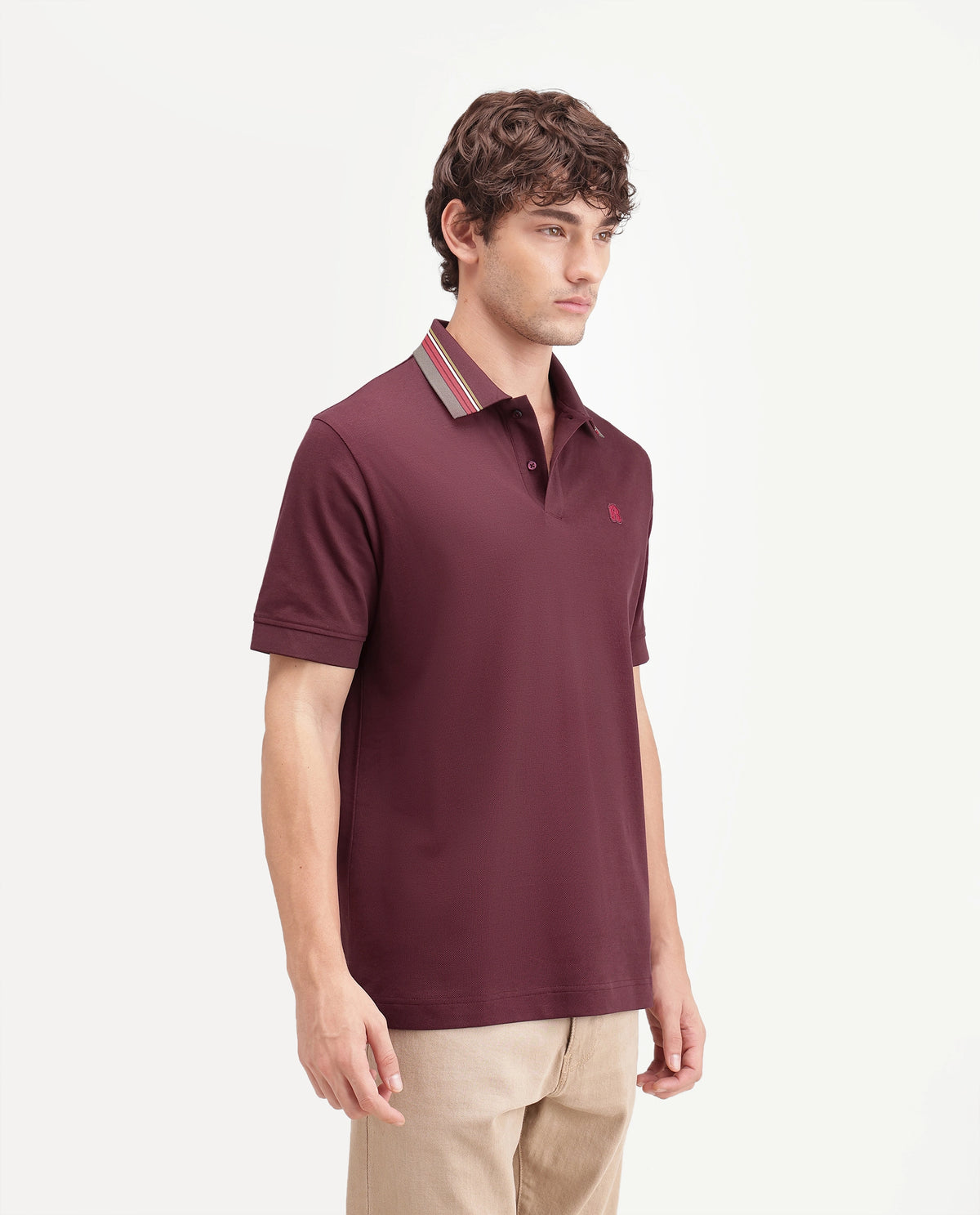 Rare Rabbit Men's Andre Dark Red Cotton Spread Collar Regular Badge Applique Polo