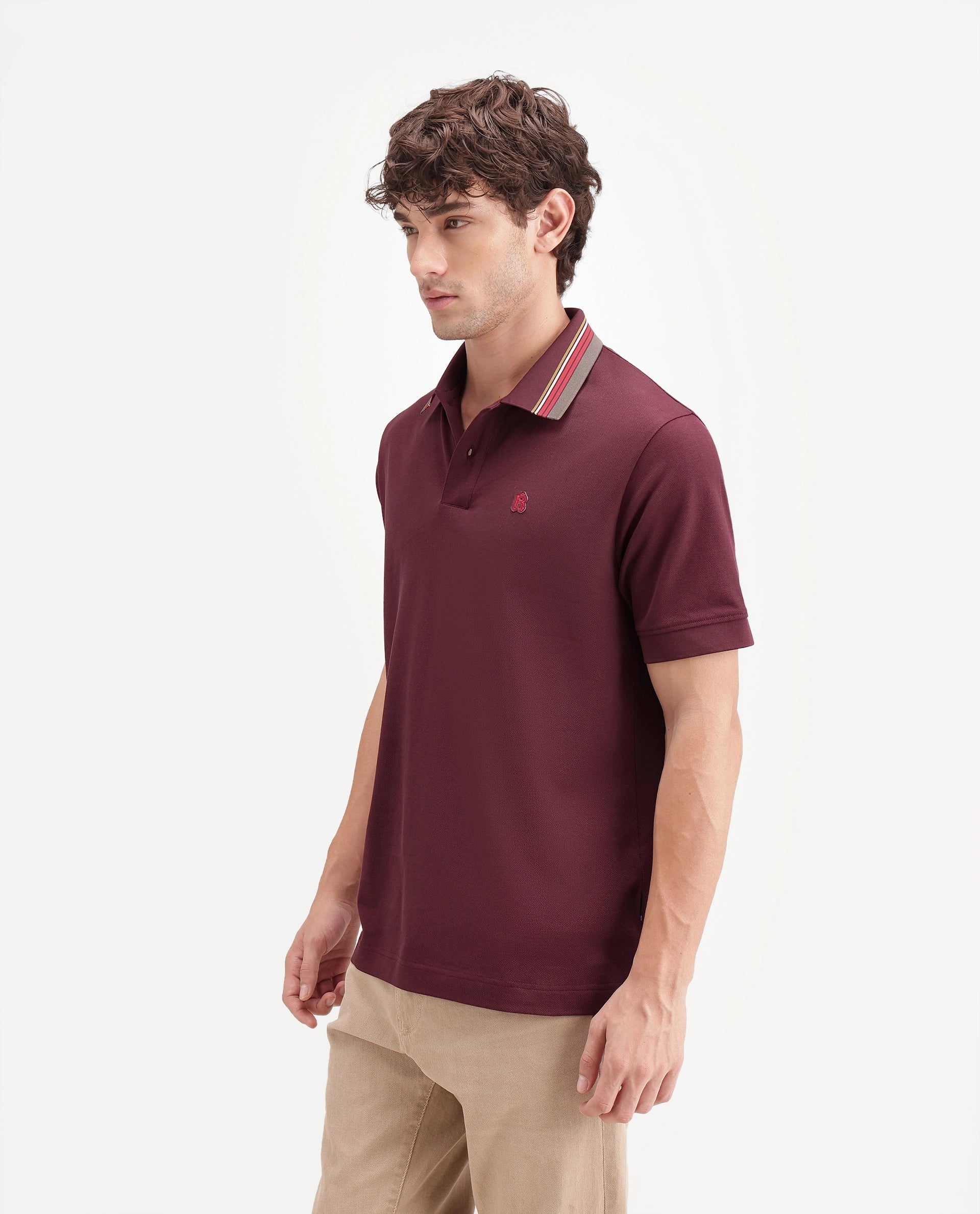 Rare Rabbit Men's Andre Dark Red Cotton Spread Collar Regular Badge Applique Polo