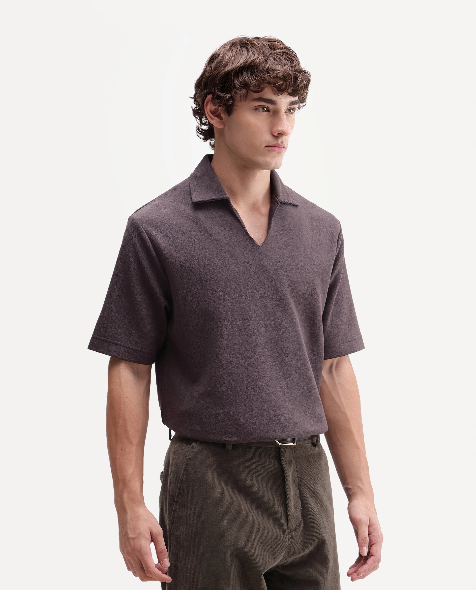 Rare Rabbit Men's Jawal-A26 Dark Grey Cotton Blend Johnny Collar Regular Plain Polo