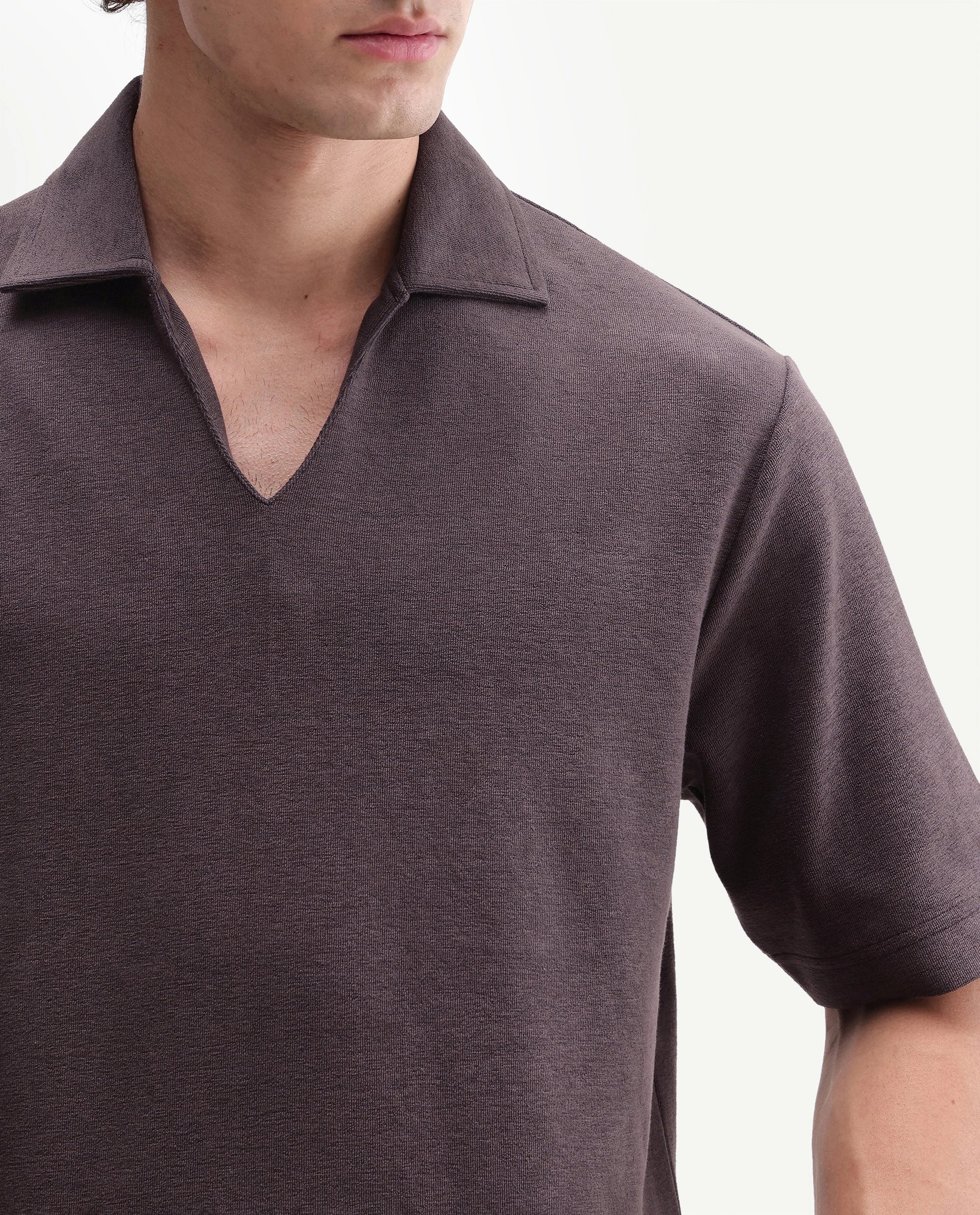 Rare Rabbit Men's Jawal-A26 Dark Grey Cotton Blend Johnny Collar Regular Plain Polo