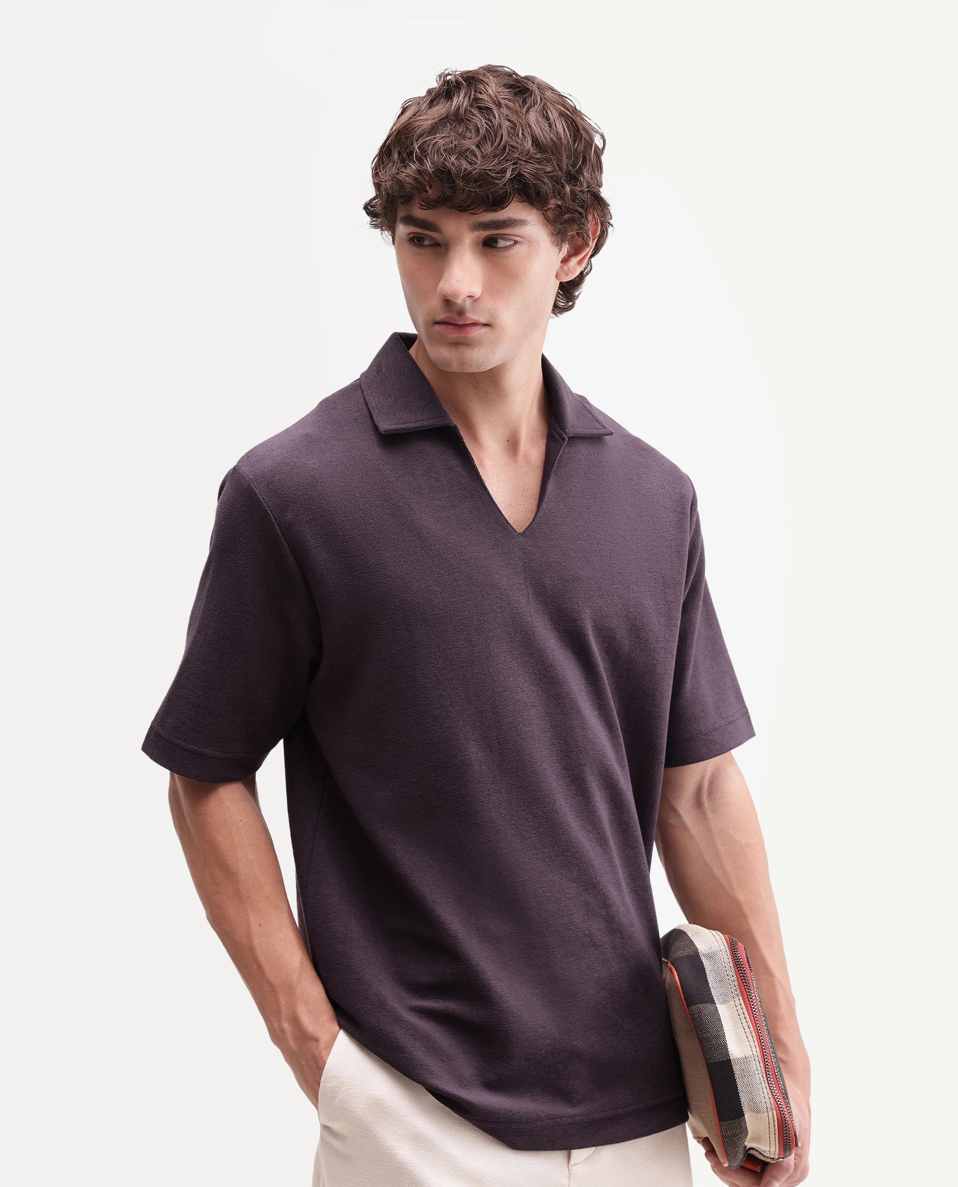 Rare Rabbit Men's Jawal-A26 Dusky Purple Cotton Blend Johnny Collar Regular Plain Polo