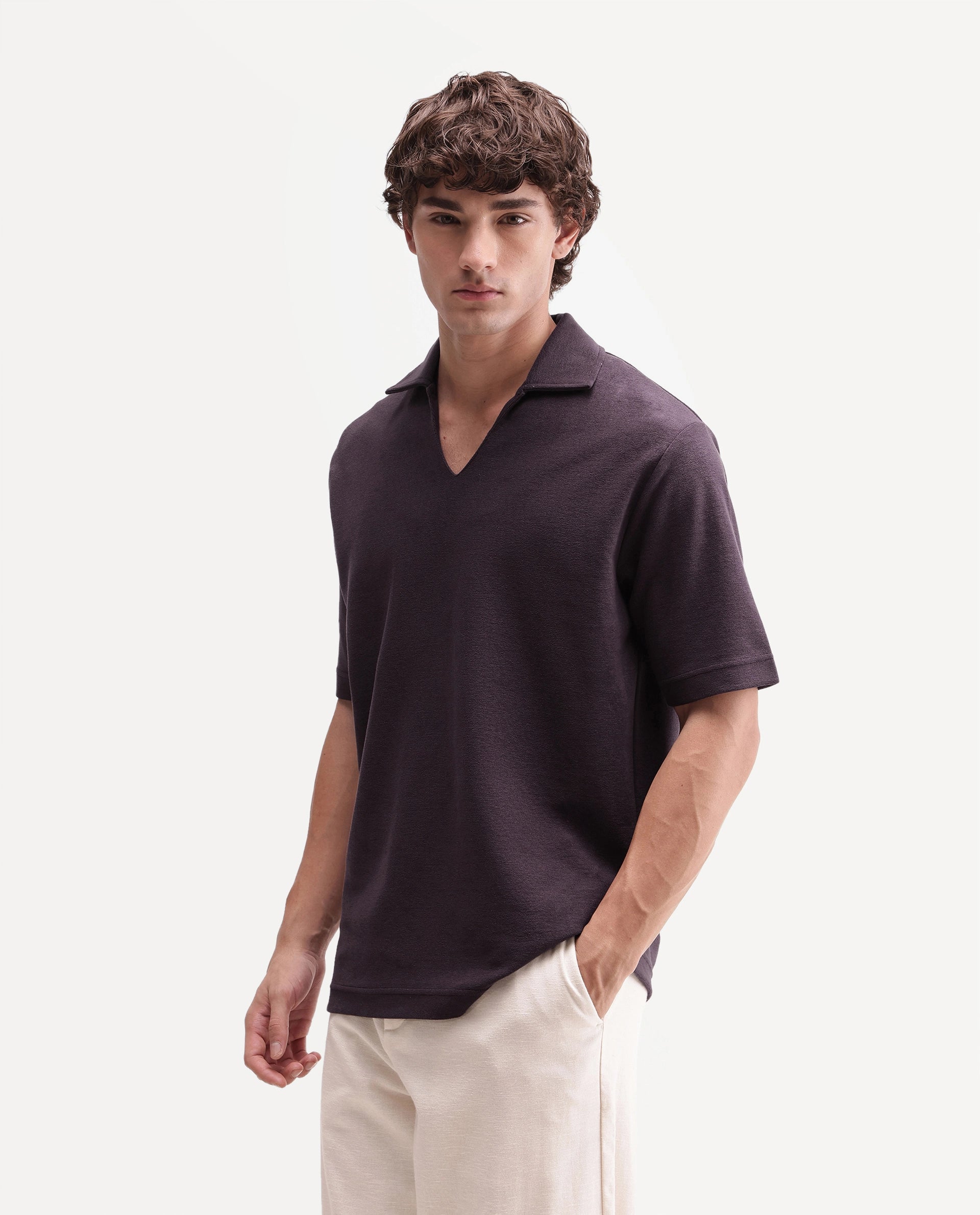Rare Rabbit Men's Jawal-A26 Dusky Purple Cotton Blend Johnny Collar Regular Plain Polo