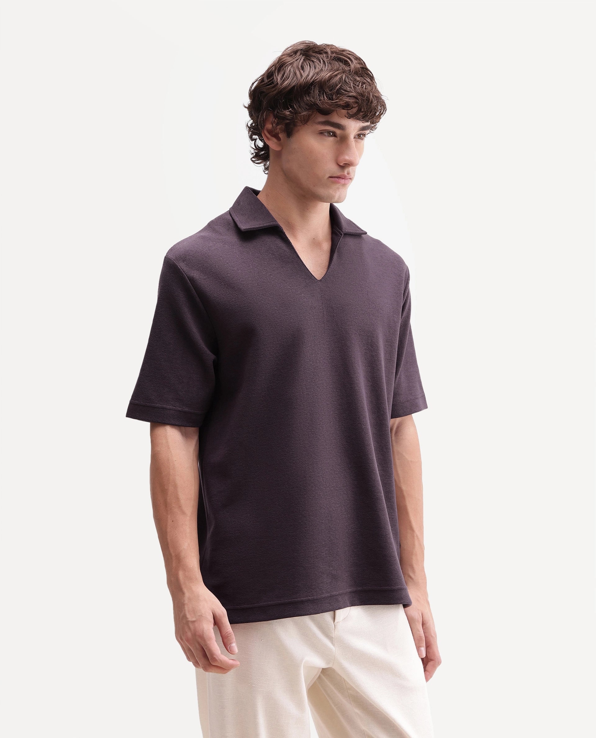 Rare Rabbit Men's Jawal-A26 Dusky Purple Cotton Blend Johnny Collar Regular Plain Polo