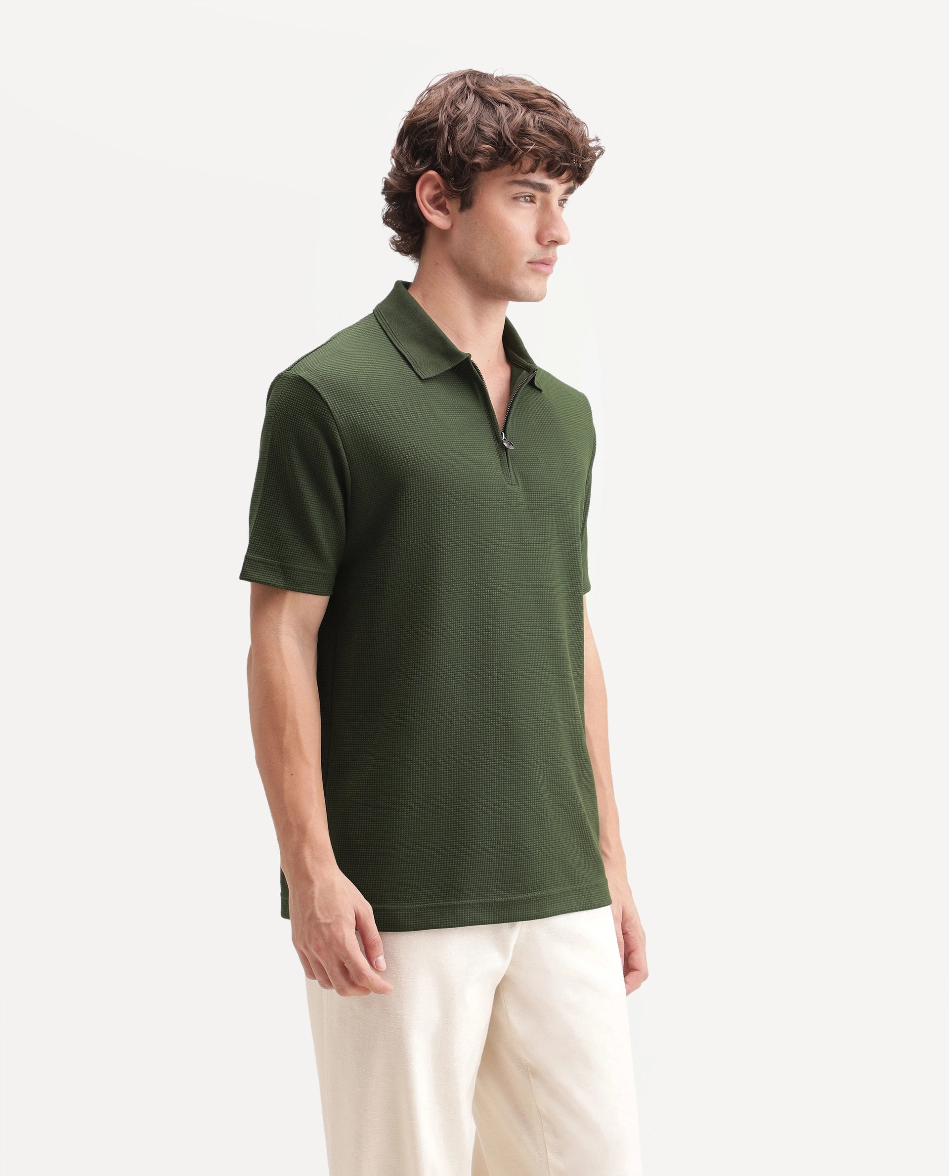 Rare Rabbit Men's Arto Green Polyester Blend Spread Collar Regular Plain Polo