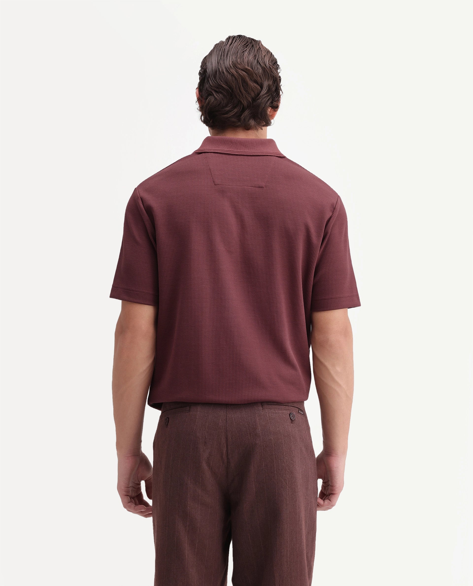 Rare Rabbit Men's Arto Brown Polyester Blend Spread Collar Regular Plain Polo