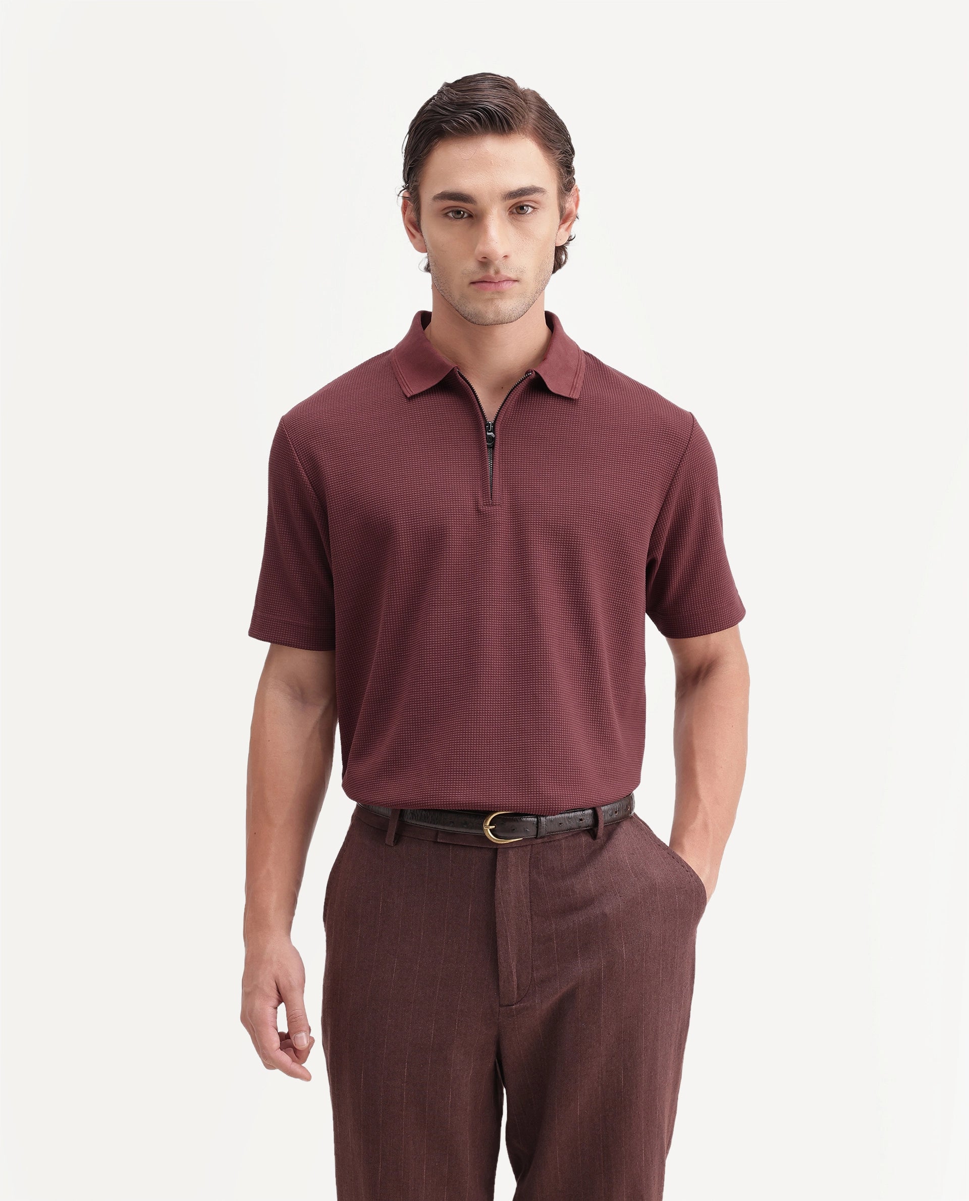 Rare Rabbit Men's Arto Brown Polyester Blend Spread Collar Regular Plain Polo