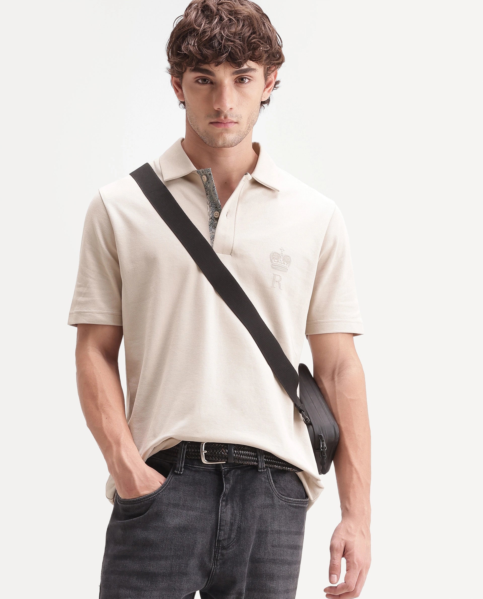 Rare Rabbit Men's Zeni-A26 Beige Cotton Blend Spread Collar Regular Plain Polo