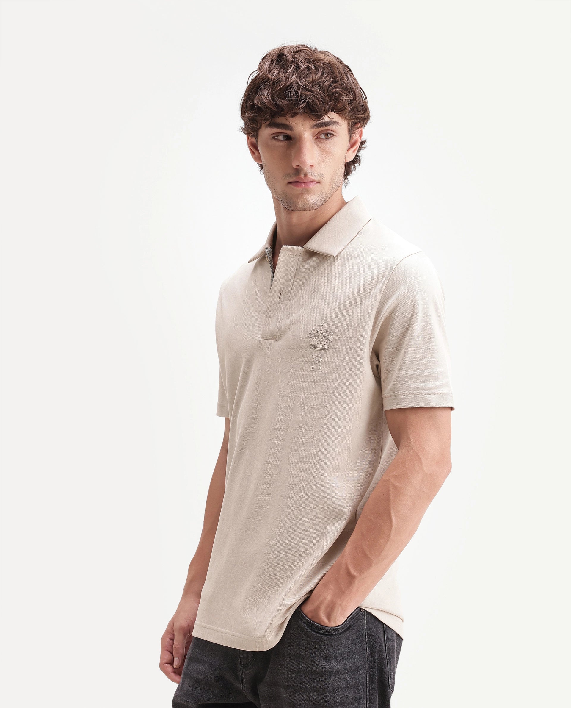 Rare Rabbit Men's Zeni-A26 Beige Cotton Blend Spread Collar Regular Plain Polo