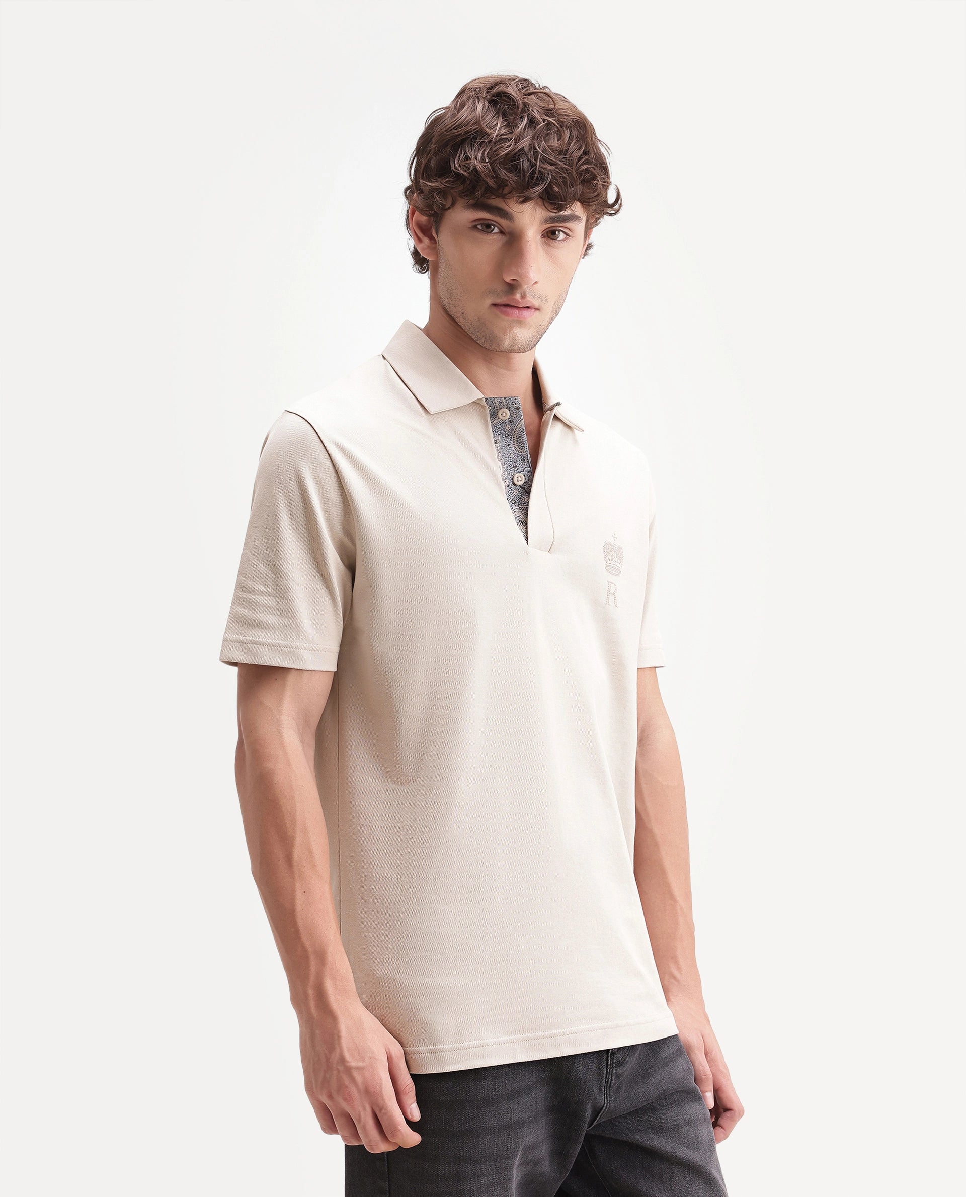 Rare Rabbit Men's Zeni-A26 Beige Cotton Blend Spread Collar Regular Plain Polo