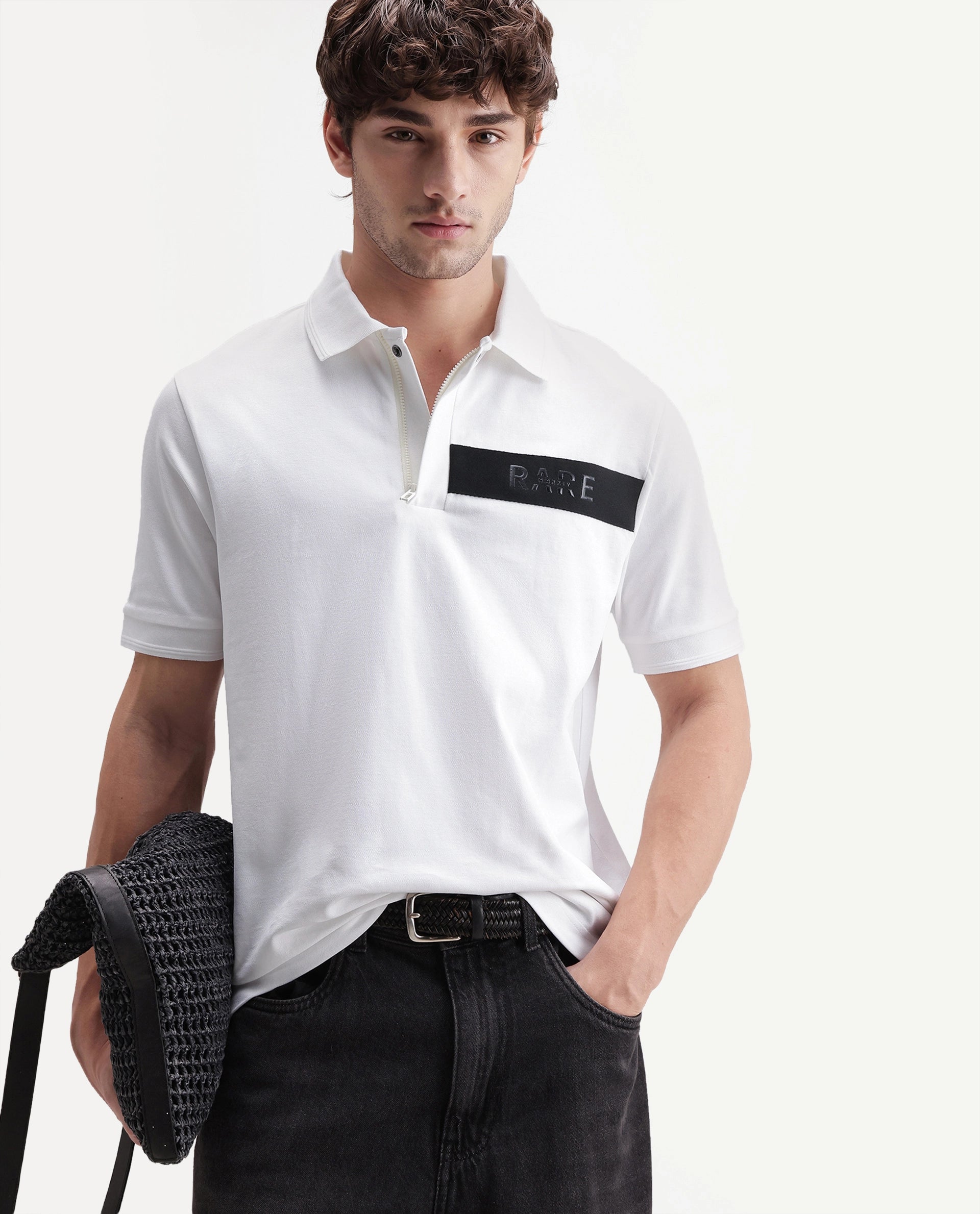 Rare Rabbit Men's Remo-A26 White Cotton Blend Spread Collar Regular Plain Polo