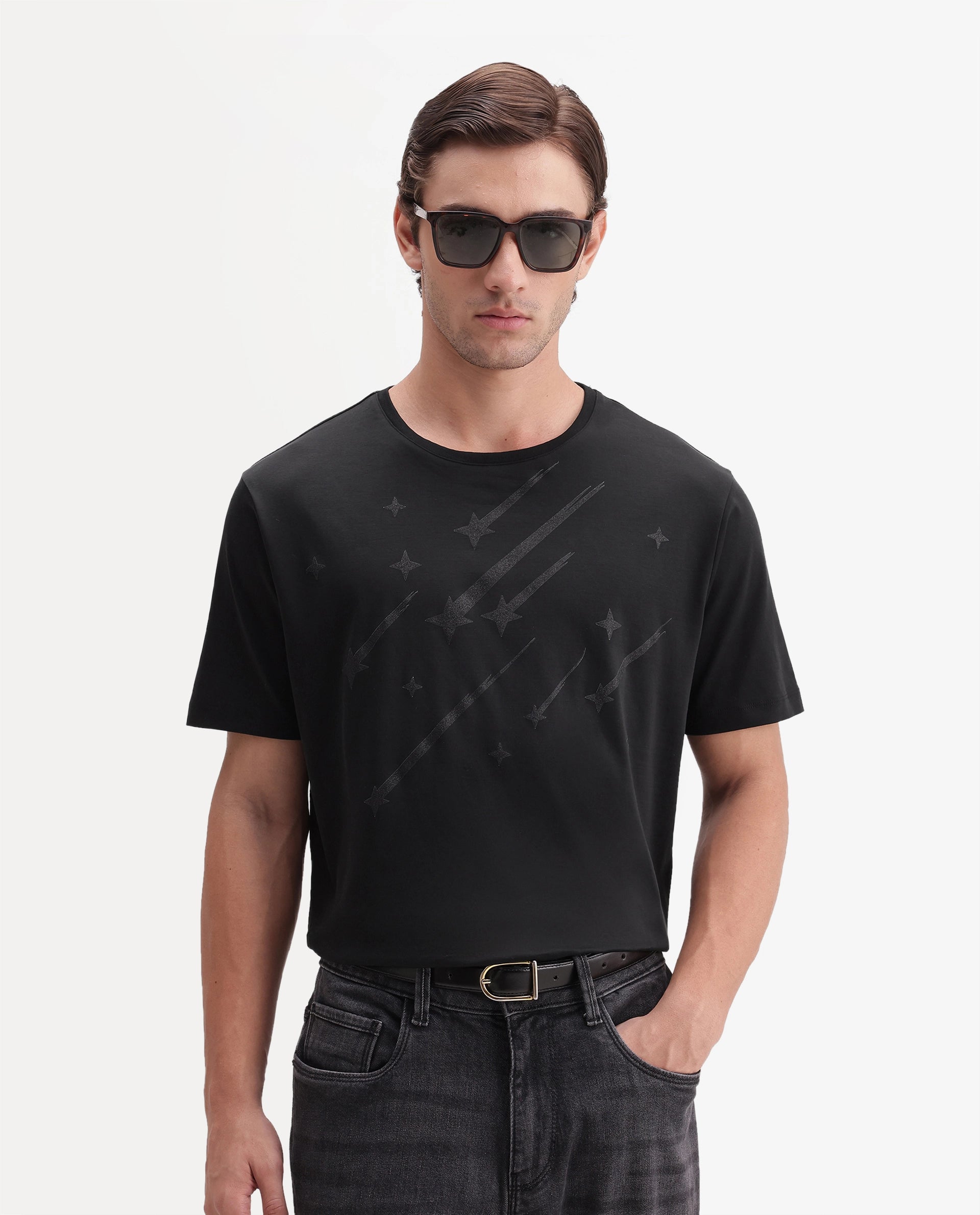 Rare Rabbit Men's Comet Black Cotton Crew Neck Regular Graphic Print T-Shirt