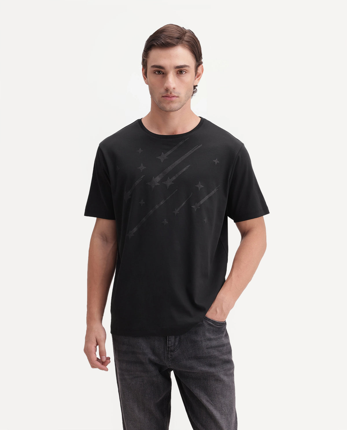 Rare Rabbit Men's Comet Black Cotton Crew Neck Regular Graphic Print T-Shirt