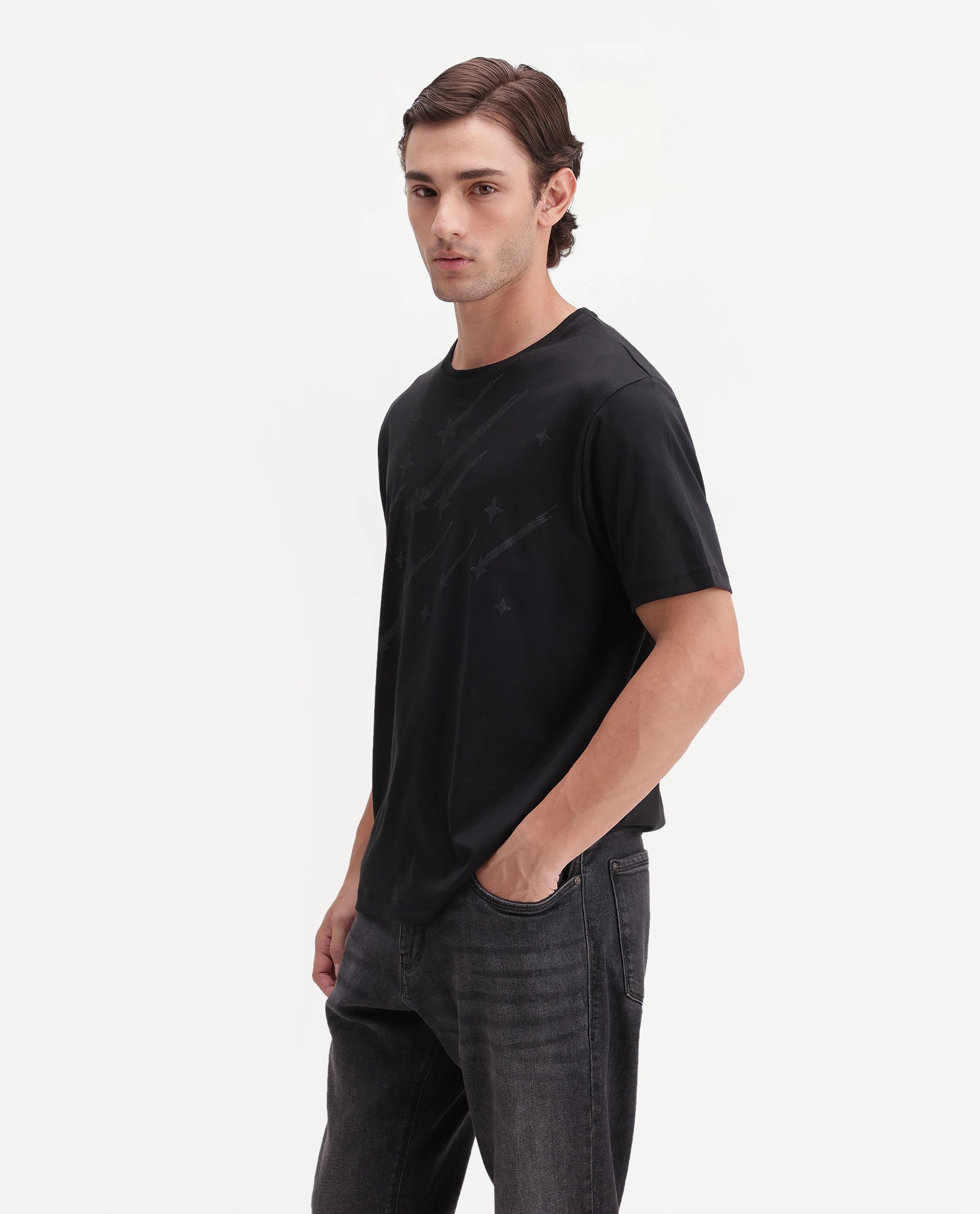 Rare Rabbit Men's Comet Black Cotton Crew Neck Regular Graphic Print T-Shirt