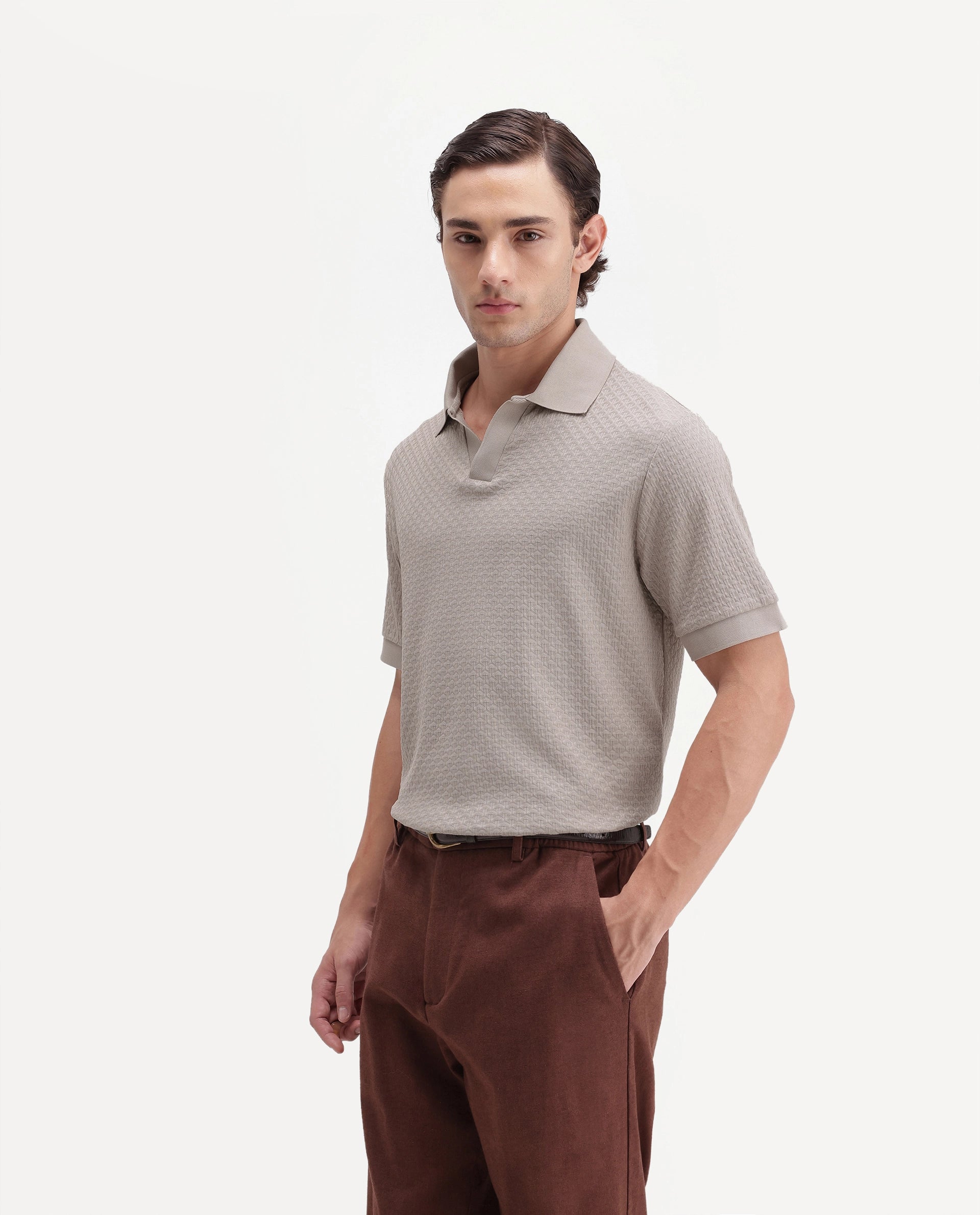 Rare Rabbit Men's Zegon Beige Cotton Johnny Collar Regular Jacquard Polo