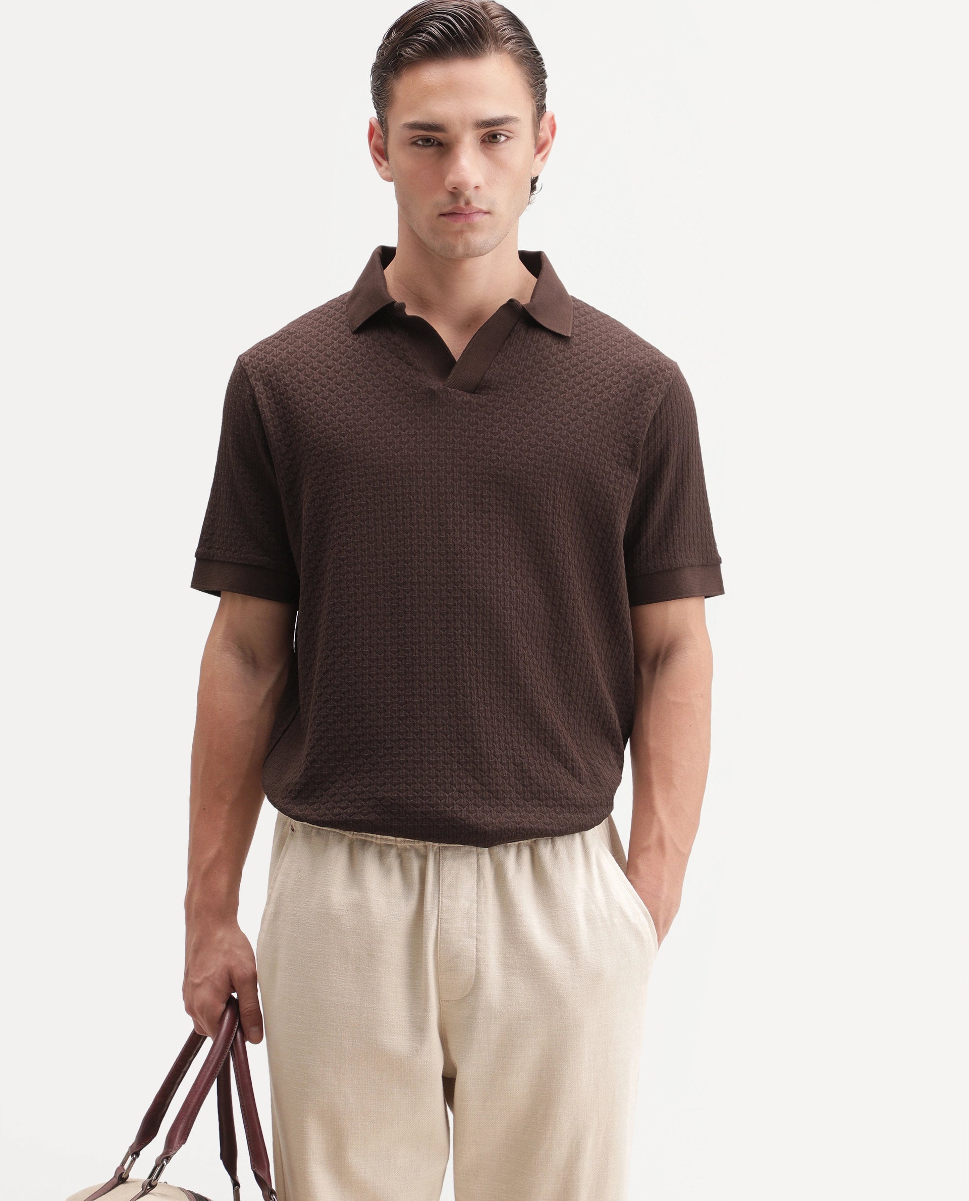 Rare Rabbit Men's Zegon Dark Brown Cotton Johnny Collar Regular Jacquard Polo