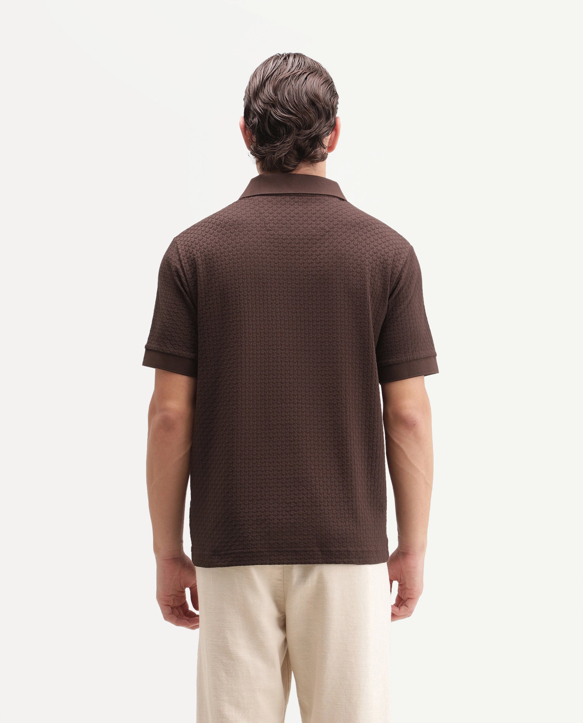 Rare Rabbit Men's Zegon Dark Brown Cotton Johnny Collar Regular Jacquard Polo