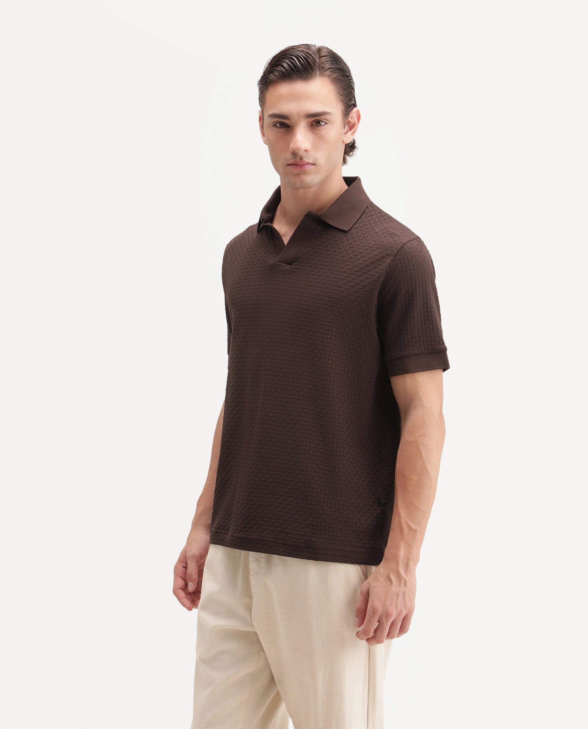 Rare Rabbit Men's Zegon Dark Brown Cotton Johnny Collar Regular Jacquard Polo