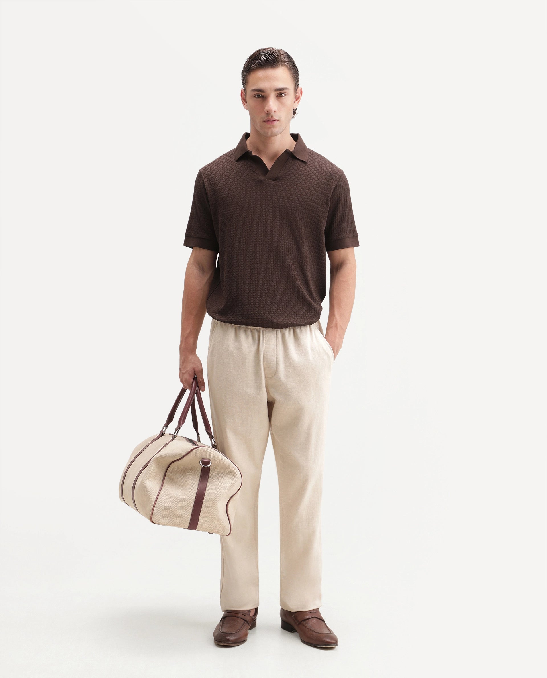 Rare Rabbit Men's Zegon Dark Brown Cotton Johnny Collar Regular Jacquard Polo