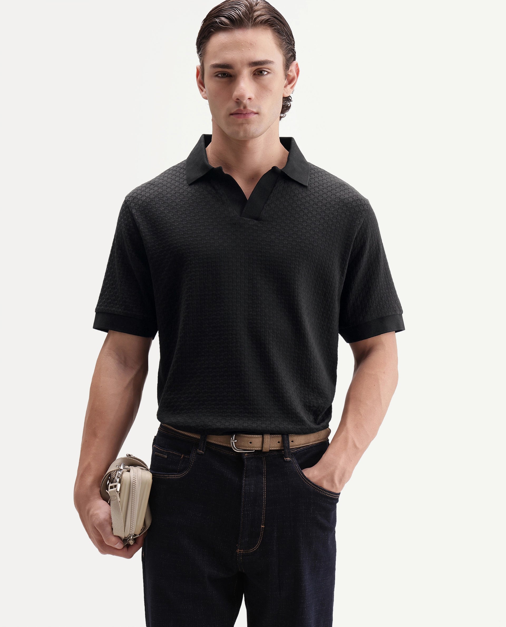 Rare Rabbit Men's Zegon Black Cotton Johnny Collar Regular Jacquard Polo
