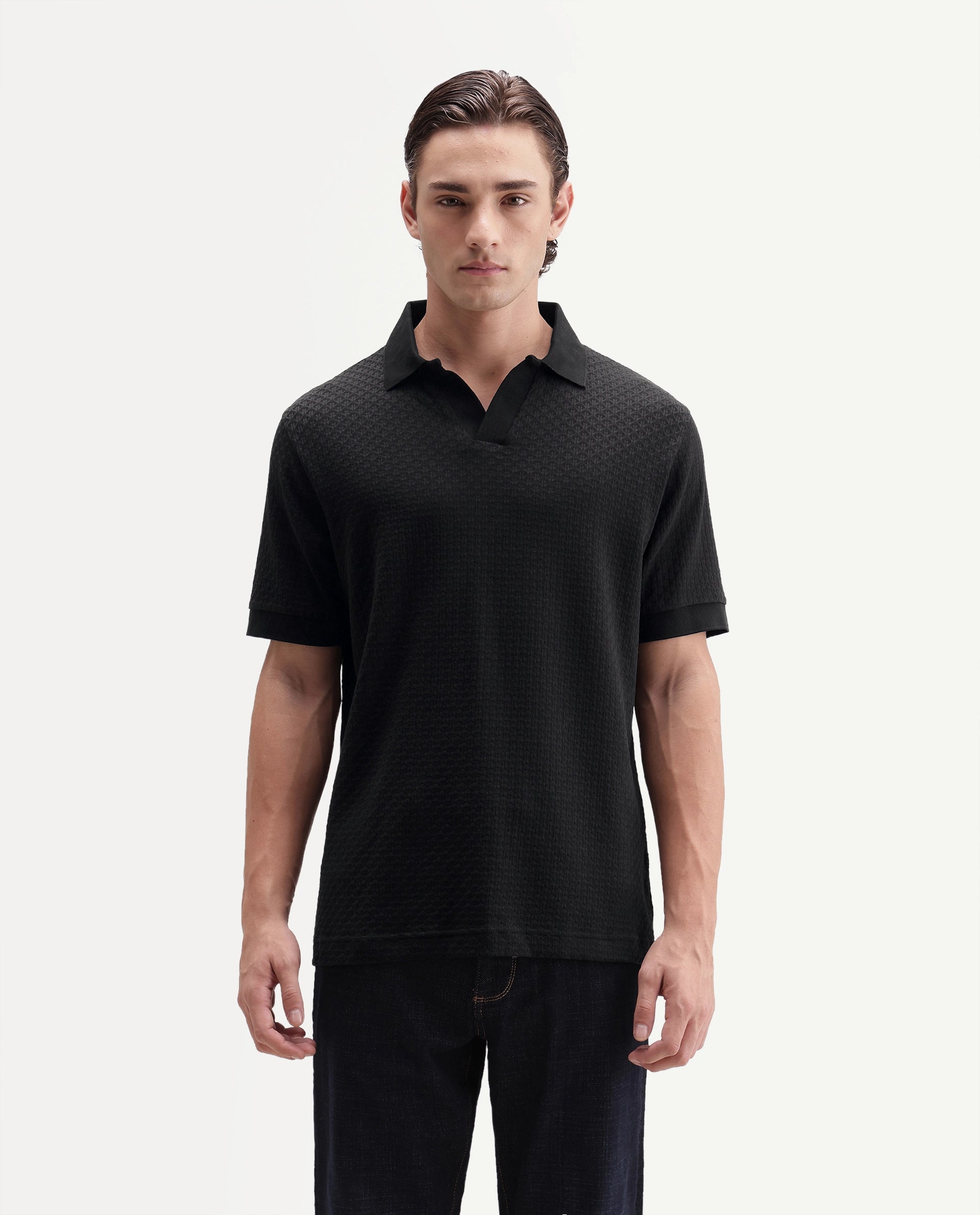 Rare Rabbit Men's Zegon Black Cotton Johnny Collar Regular Jacquard Polo