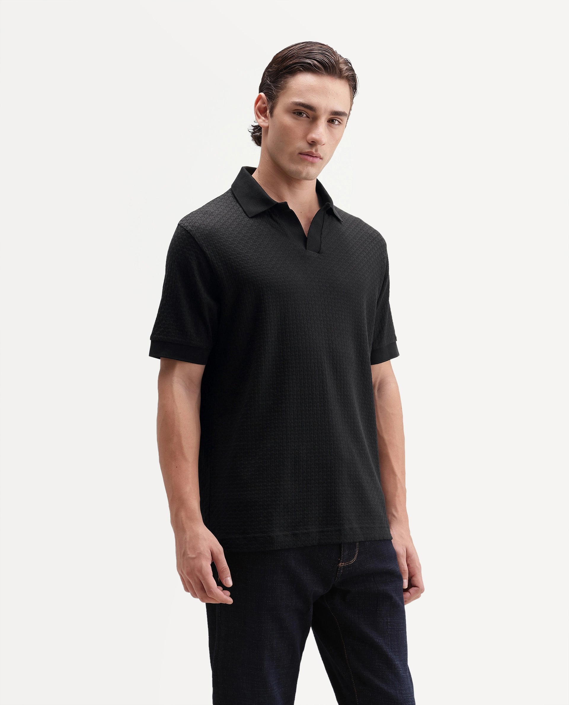 Rare Rabbit Men's Zegon Black Cotton Johnny Collar Regular Jacquard Polo