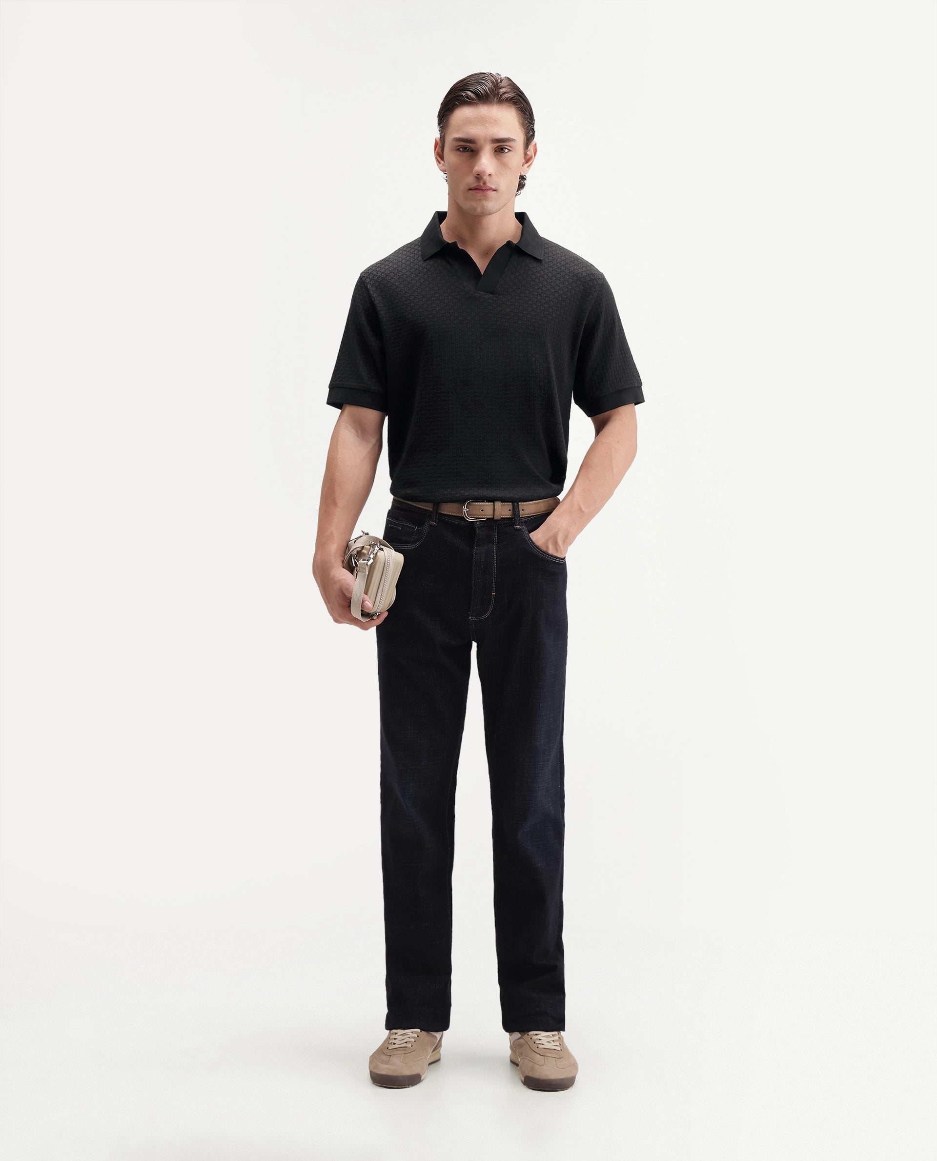 Rare Rabbit Men's Zegon Black Cotton Johnny Collar Regular Jacquard Polo