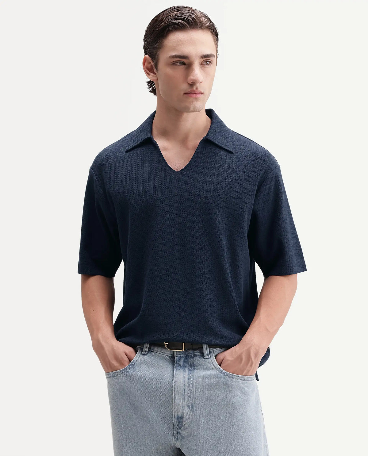 Rare Rabbit Men's Zent-A26 Navy Cotton Johnny Collar Regular Jacquard Polo
