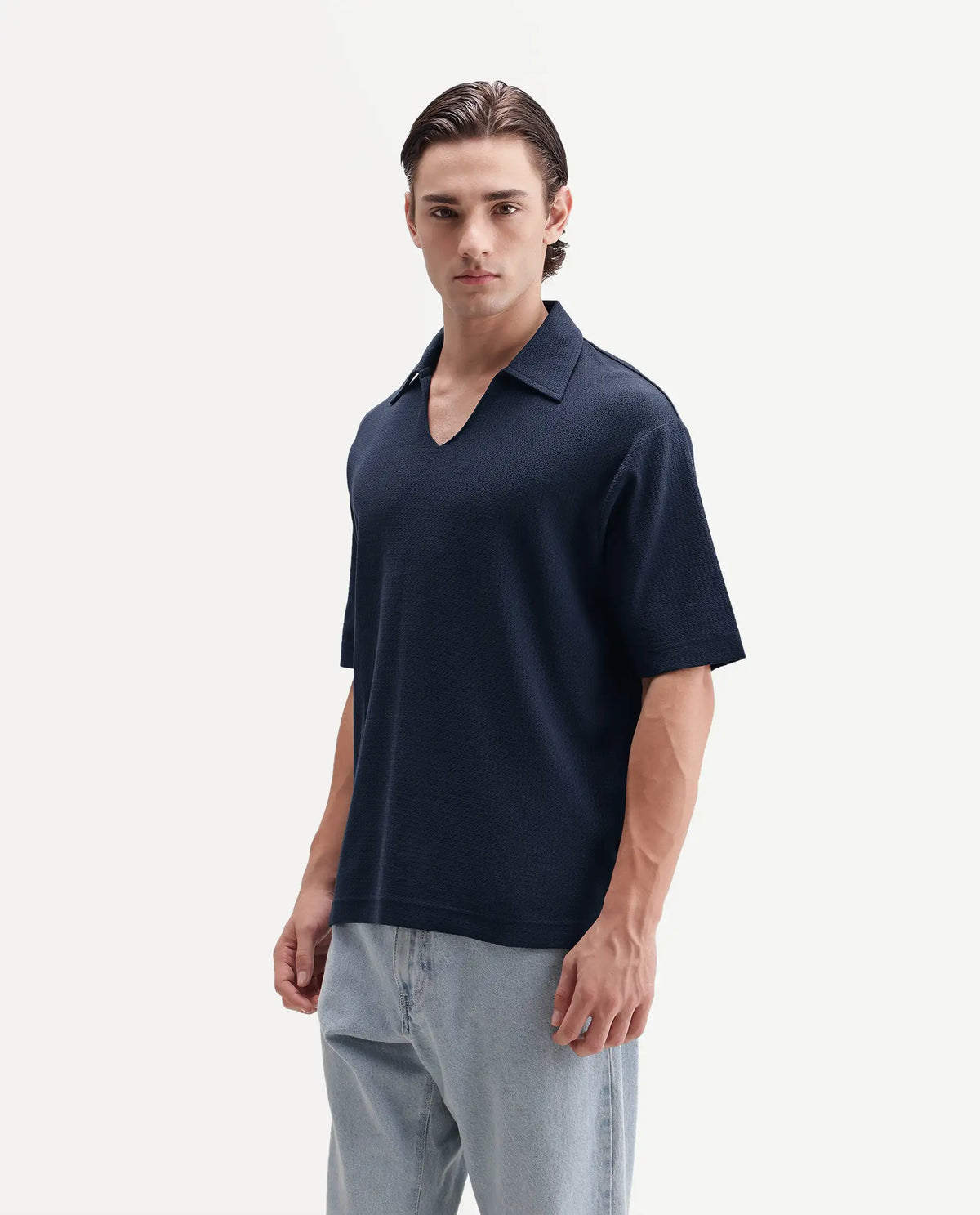 Rare Rabbit Men's Zent-A26 Navy Cotton Johnny Collar Regular Jacquard Polo