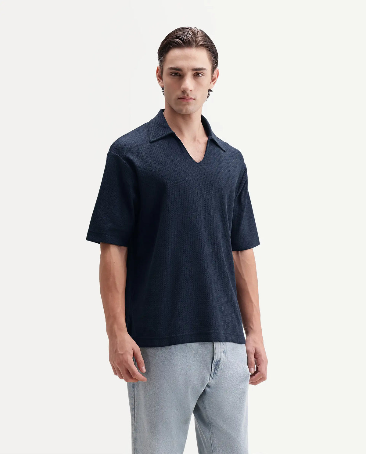 Rare Rabbit Men's Zent-A26 Navy Cotton Johnny Collar Regular Jacquard Polo