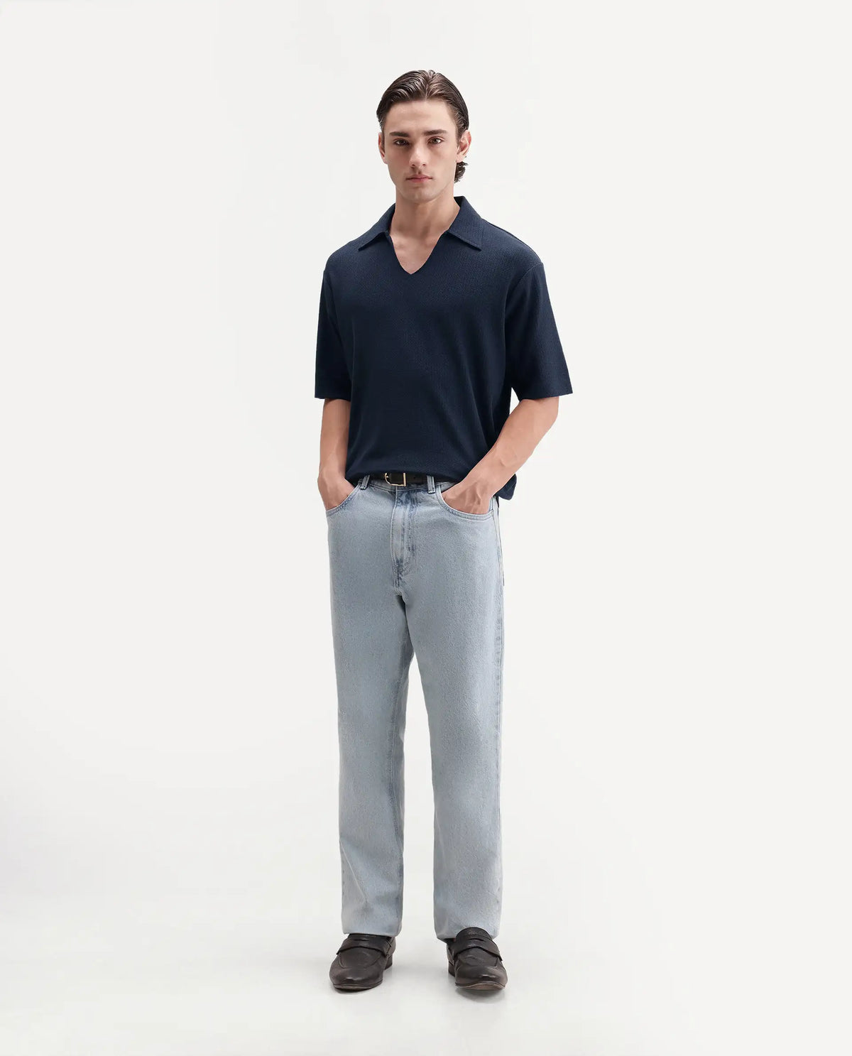 Rare Rabbit Men's Zent-A26 Navy Cotton Johnny Collar Regular Jacquard Polo
