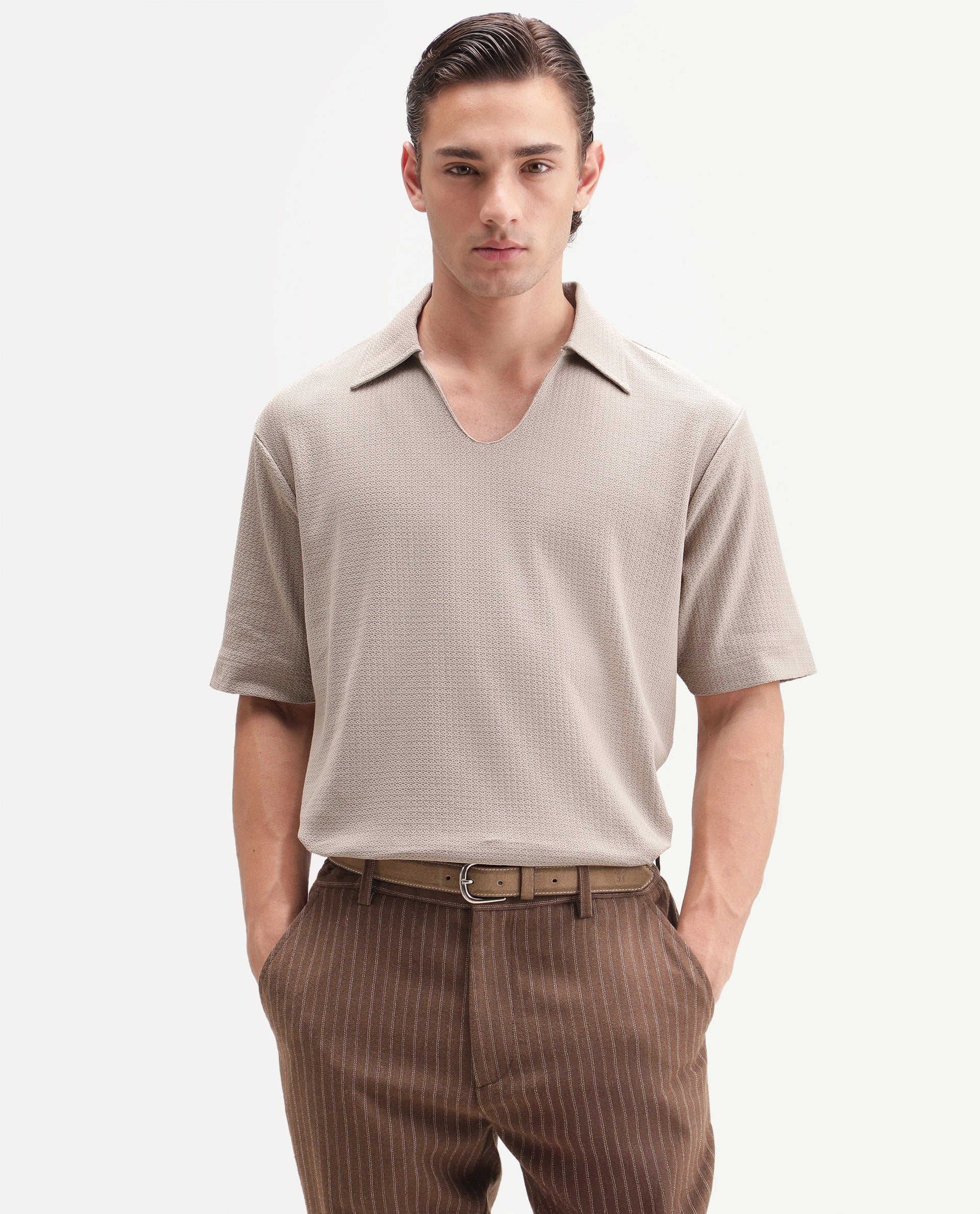 Rare Rabbit Men's Zent-A26 Beige Cotton Johnny Collar Regular Jacquard Polo