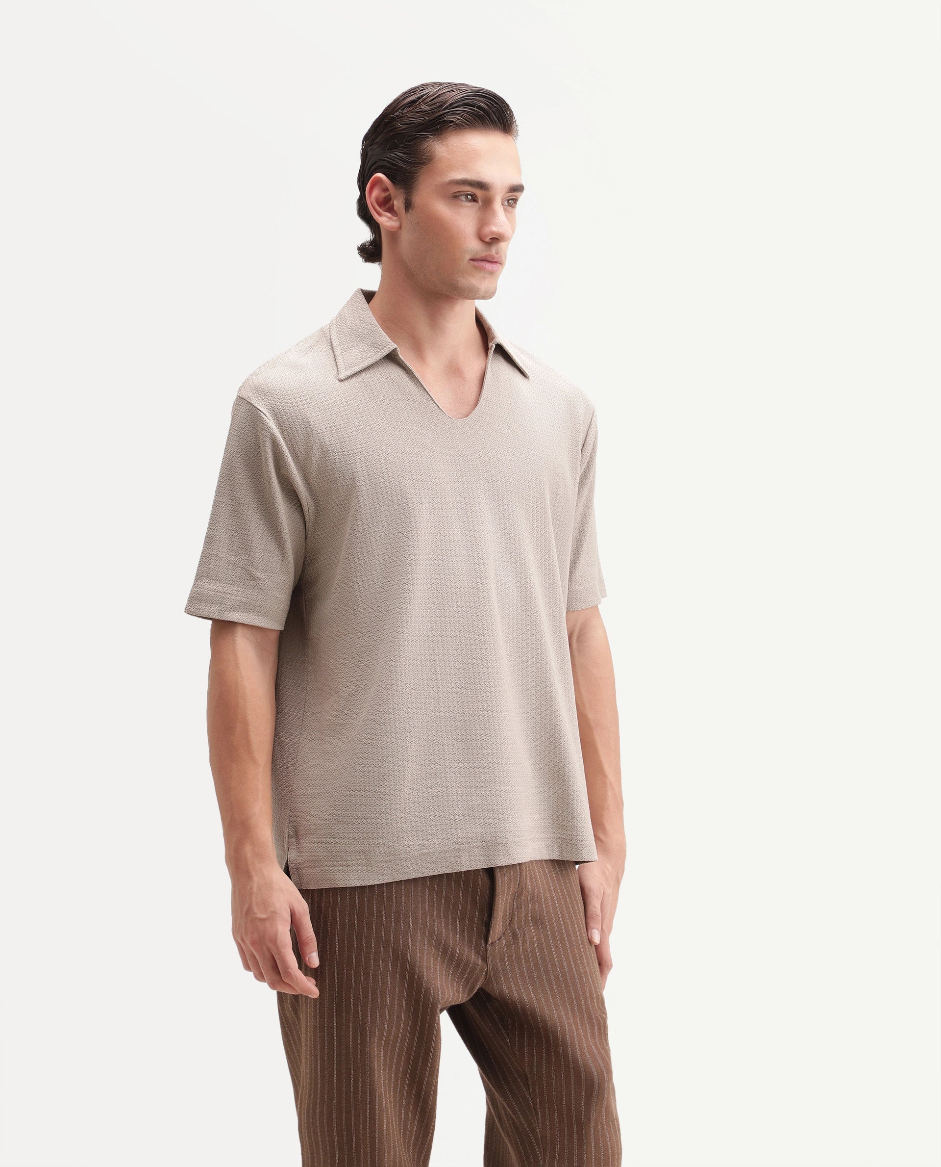 Rare Rabbit Men's Zent-A26 Beige Cotton Johnny Collar Regular Jacquard Polo