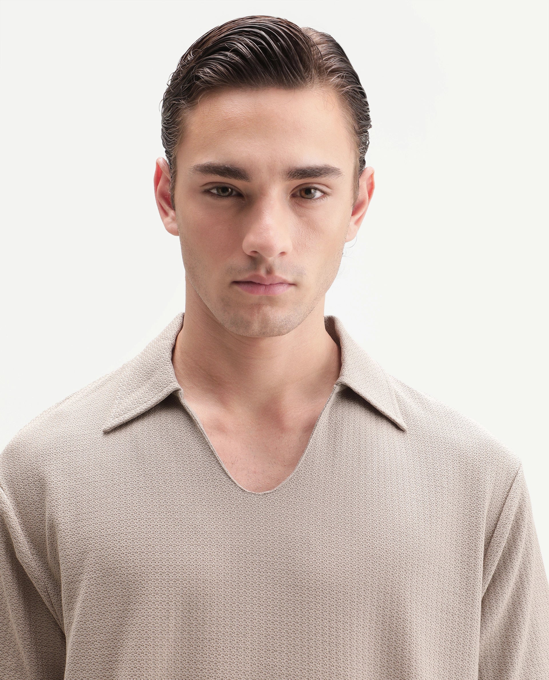 Rare Rabbit Men's Zent-A26 Beige Cotton Johnny Collar Regular Jacquard Polo