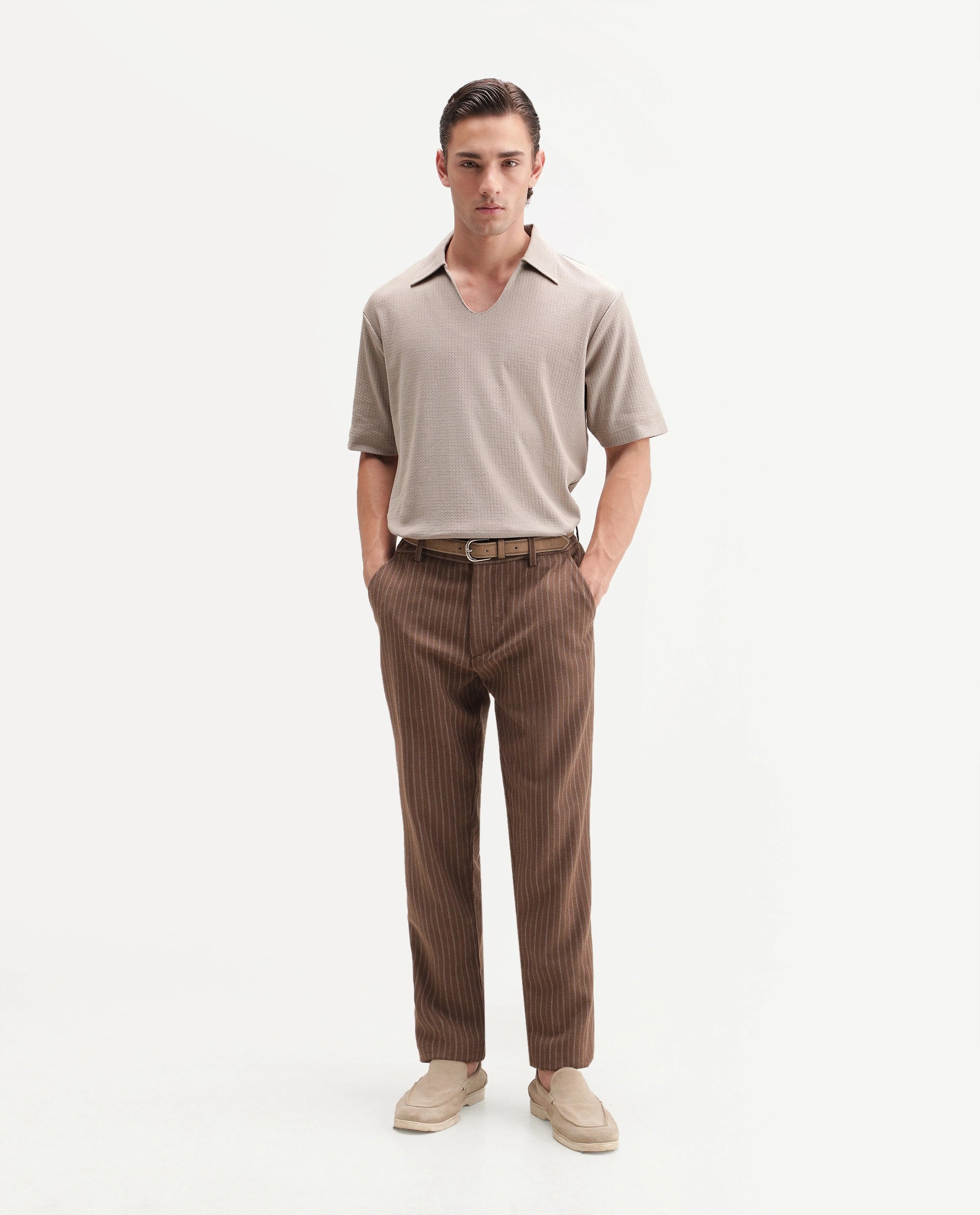Rare Rabbit Men's Zent-A26 Beige Cotton Johnny Collar Regular Jacquard Polo
