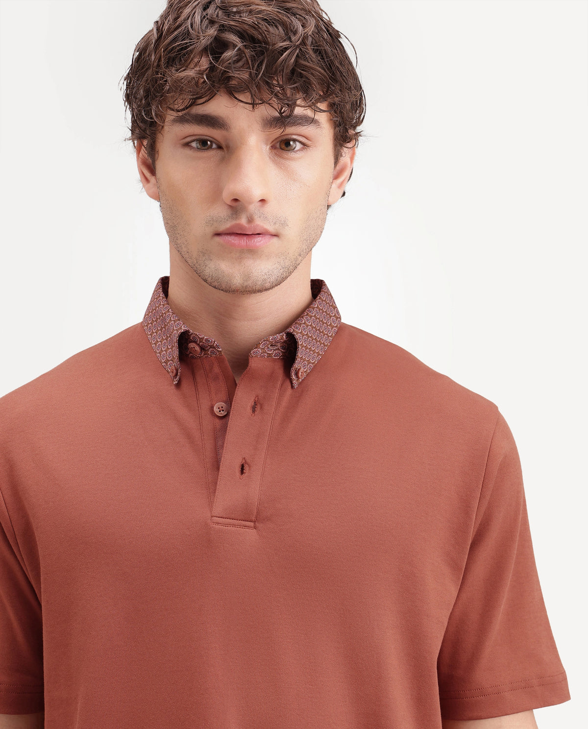 Rare Rabbit Men's Ringer-A26 Rust Cotton Spread Collar Regular Plain Polo