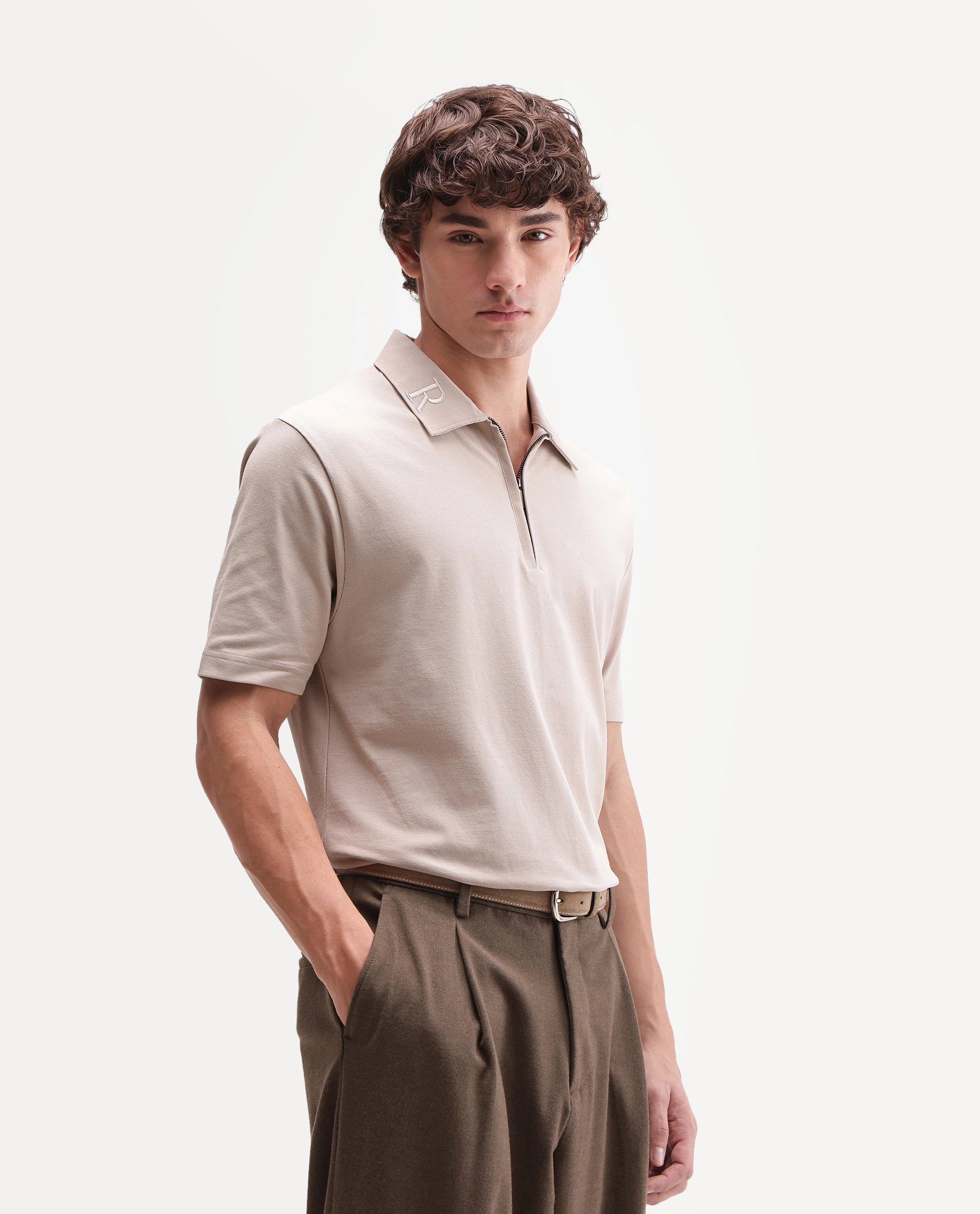 Rare Rabbit Men's Thero-A26 Primary Beige Cotton Blend Spread Collar Regular Plain Polo