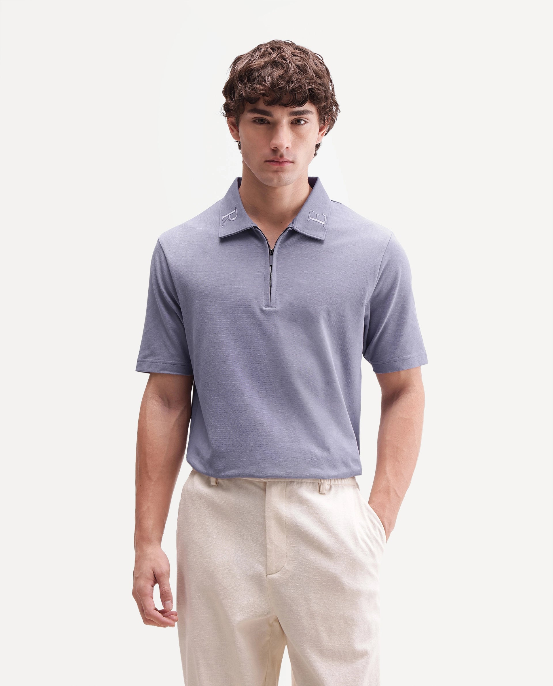 Rare Rabbit Men's Thero-A26 Dusky Purple Cotton Blend Spread Collar Regular Plain Polo
