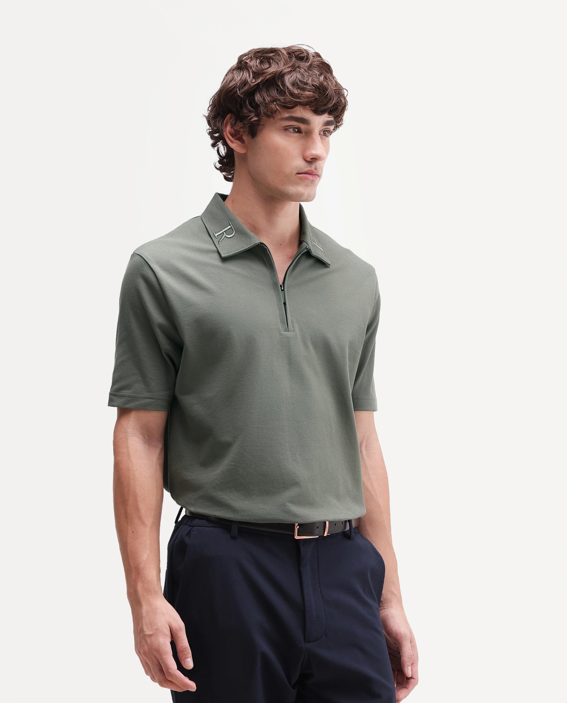 Rare Rabbit Men's Thero-A26 Dusky Green Cotton Blend Spread Collar Regular Plain Polo