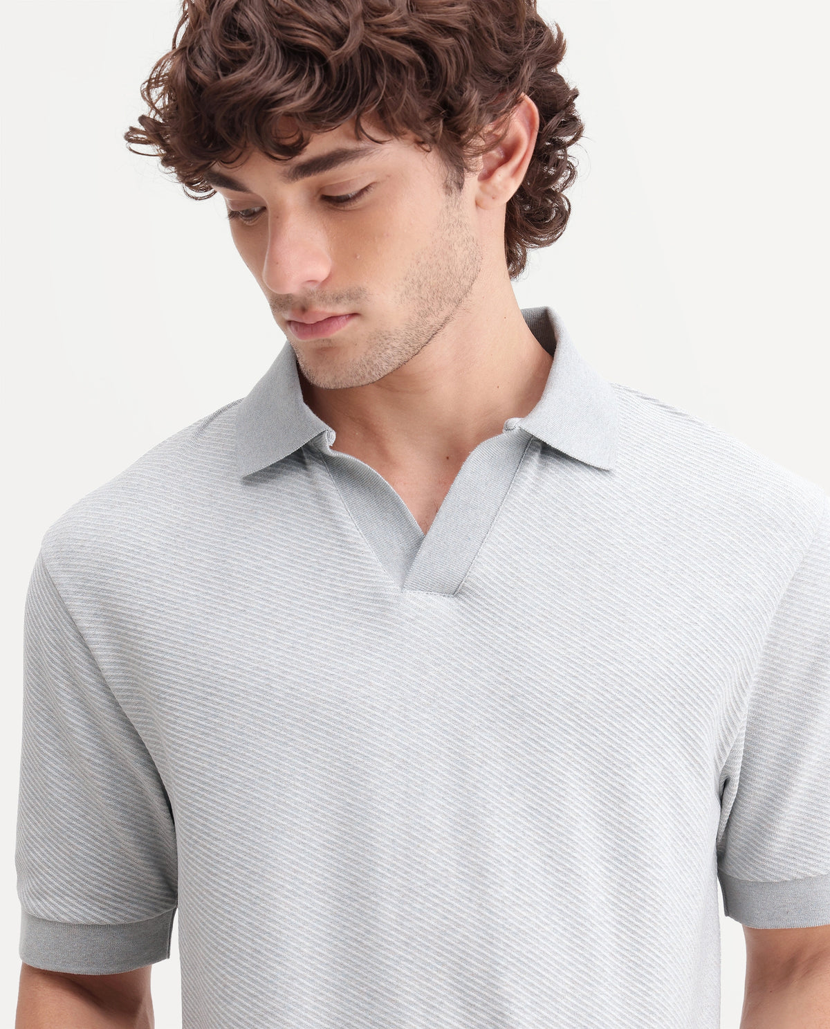 Rare Rabbit Men's Digi-A26 Pastel Blue Cotton Blend Johnny Collar Regular Jacquard Polo