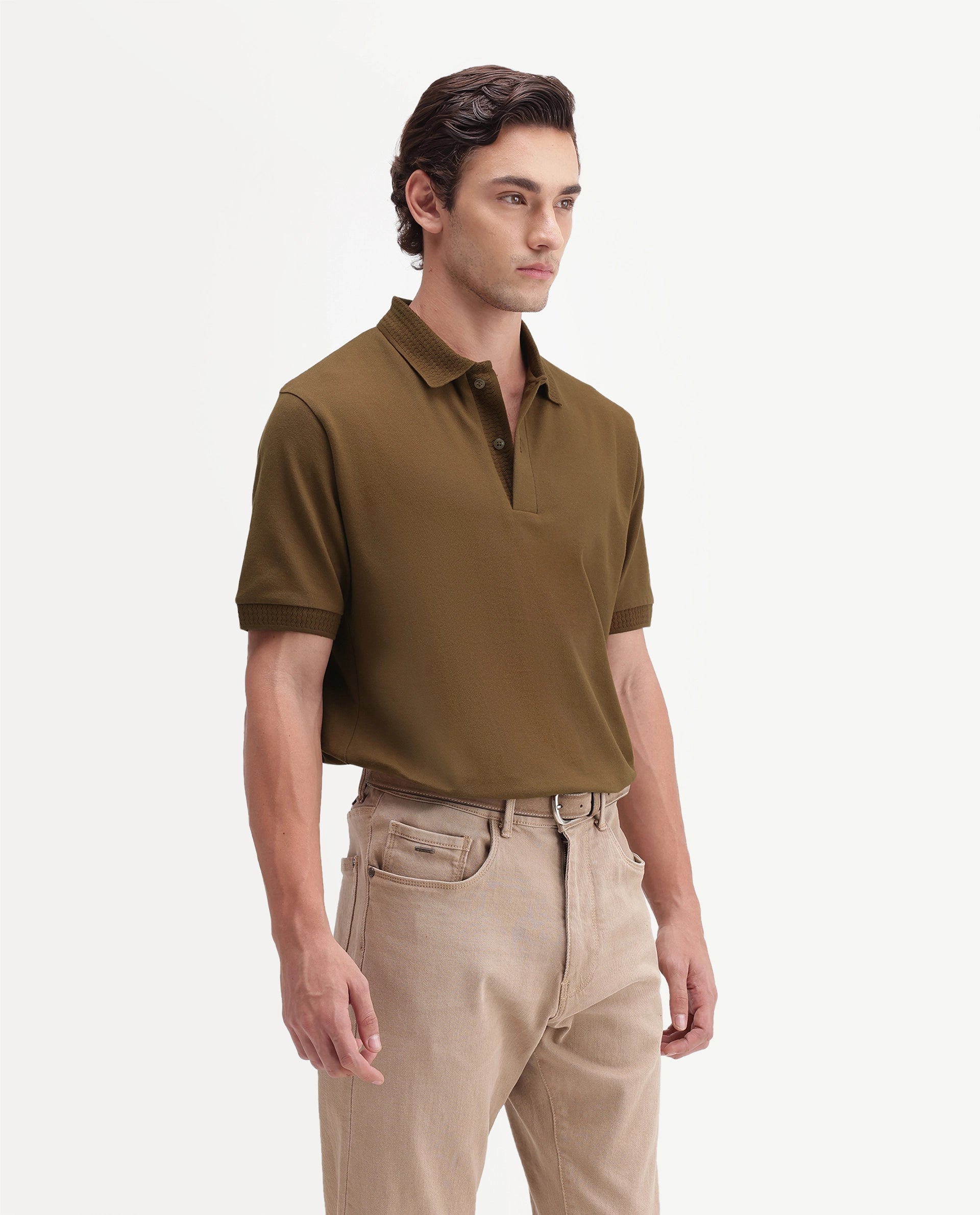 Rare Rabbit Men's Braf-A26 Mustard Cotton Blend Spread Collar Regular Plain Polo
