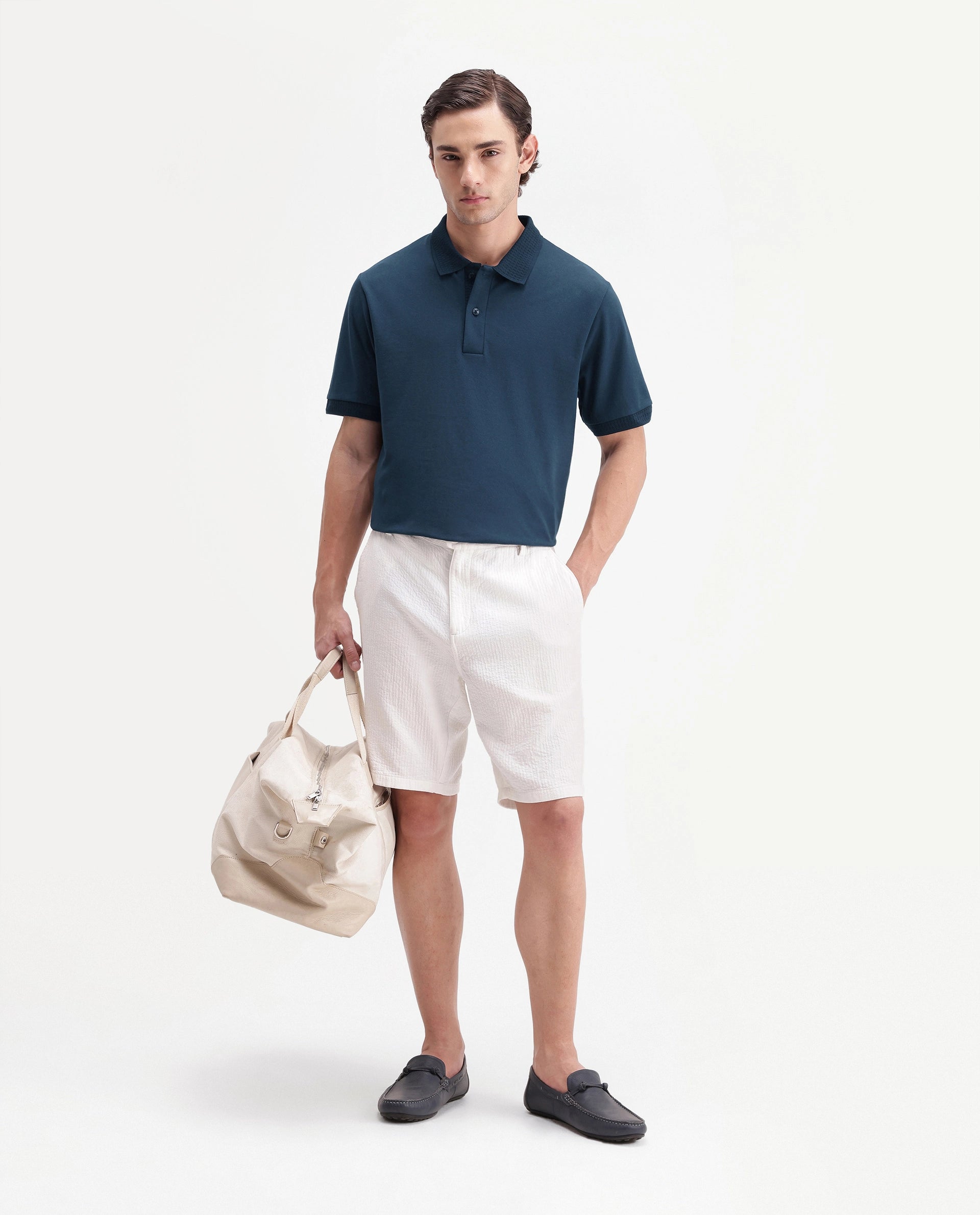 Rare Rabbit Men's Braf-A26 Navy Cotton Blend Spread Collar Regular Plain Polo