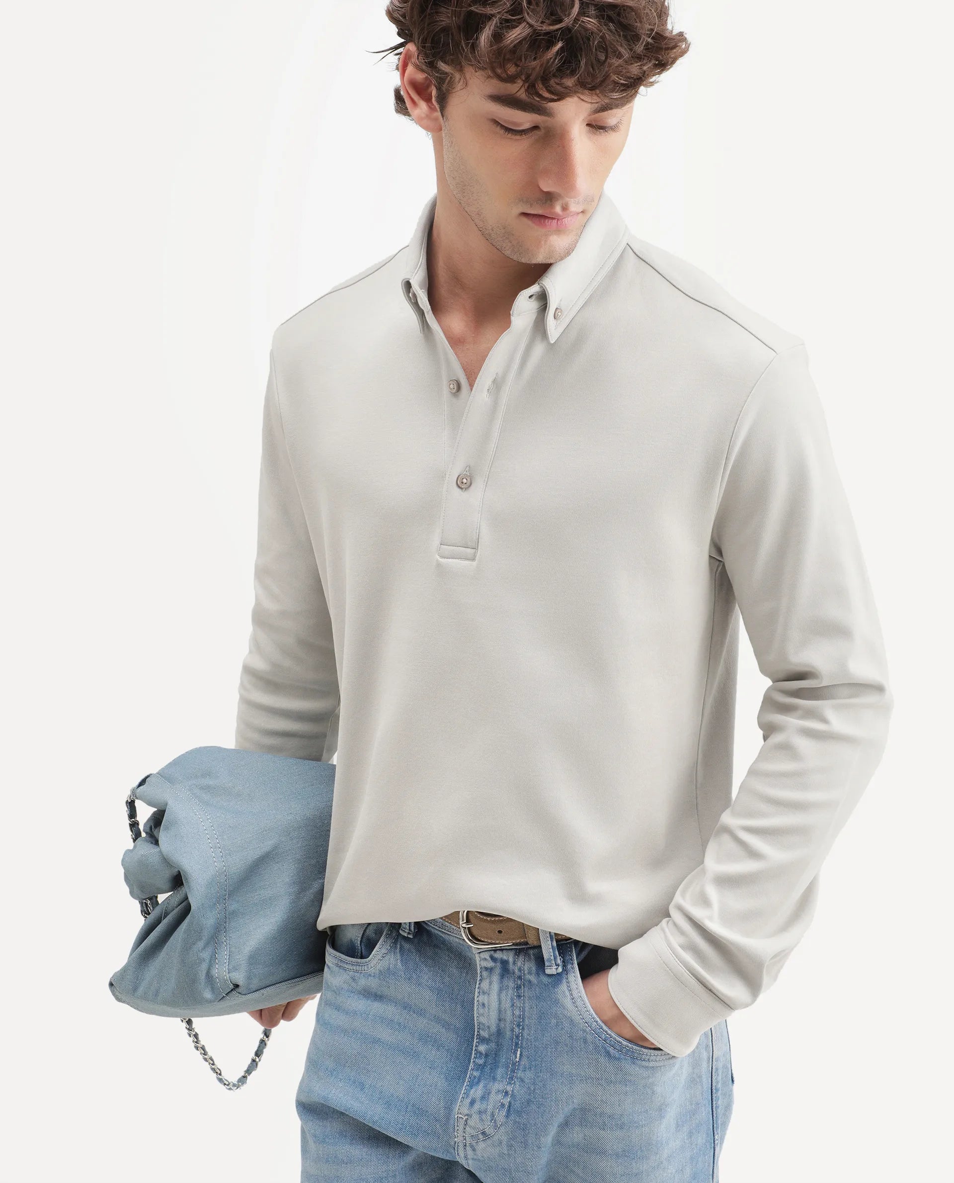 Rare Rabbit Men's Rint-A26 Dusky Beige Cotton Blend Button down Collar Regular Plain Polo