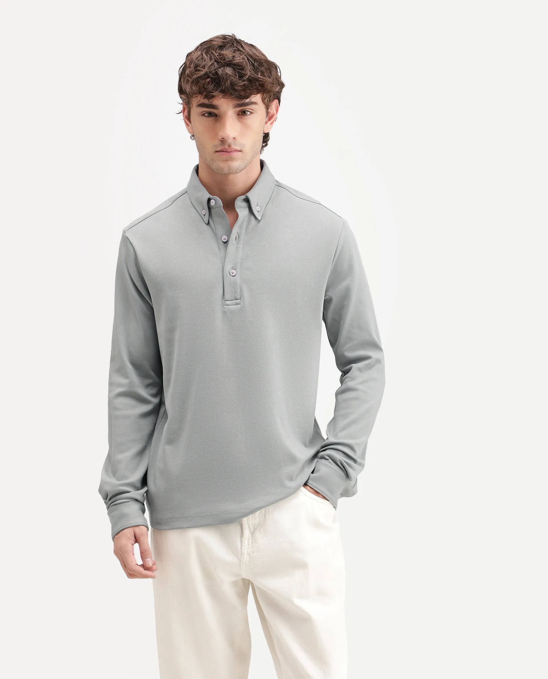Rare Rabbit Men's Rint-A26 Dusky Green Cotton Blend Button down Collar Regular Plain Polo