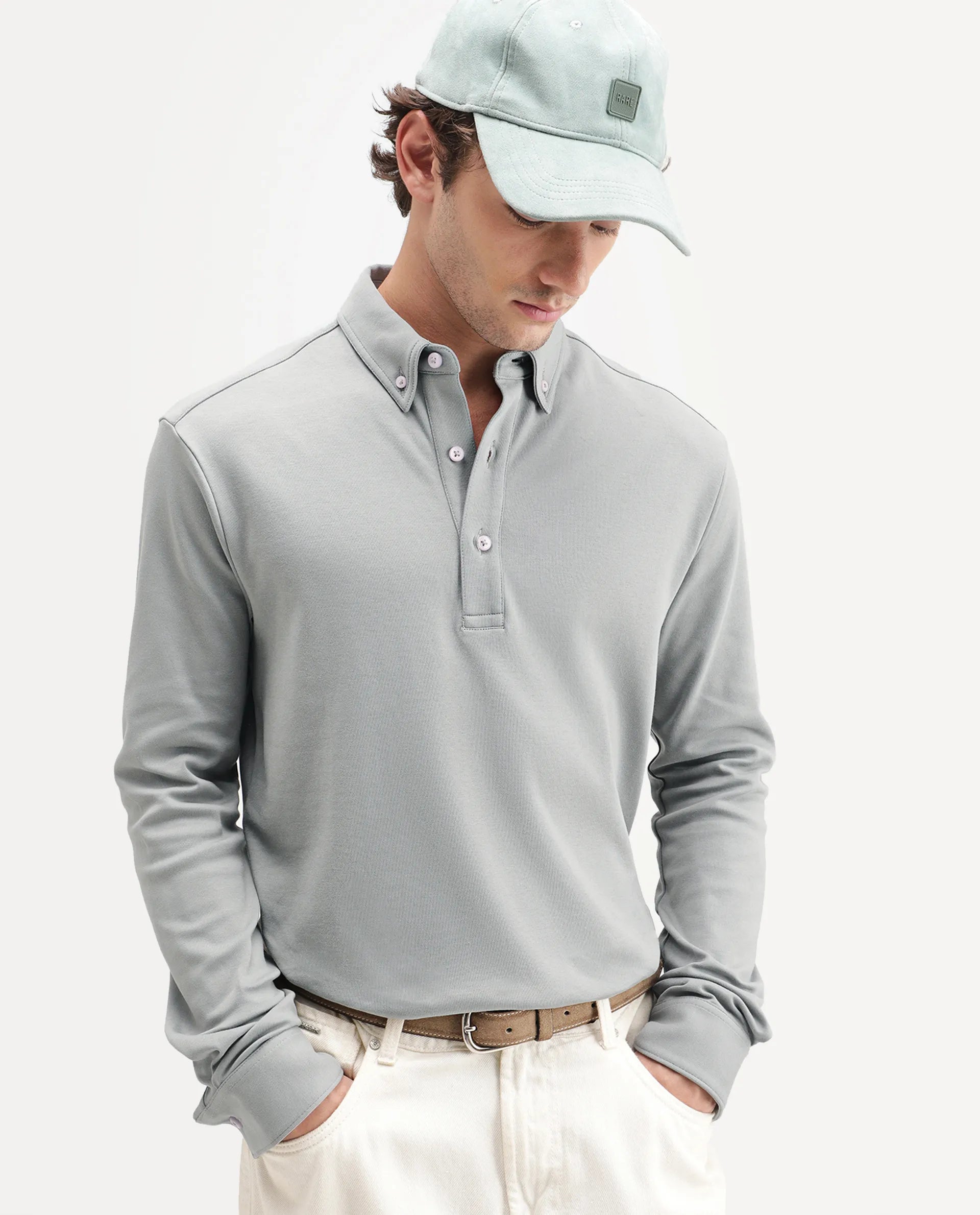 Rare Rabbit Men's Rint-A26 Dusky Green Cotton Blend Button down Collar Regular Plain Polo