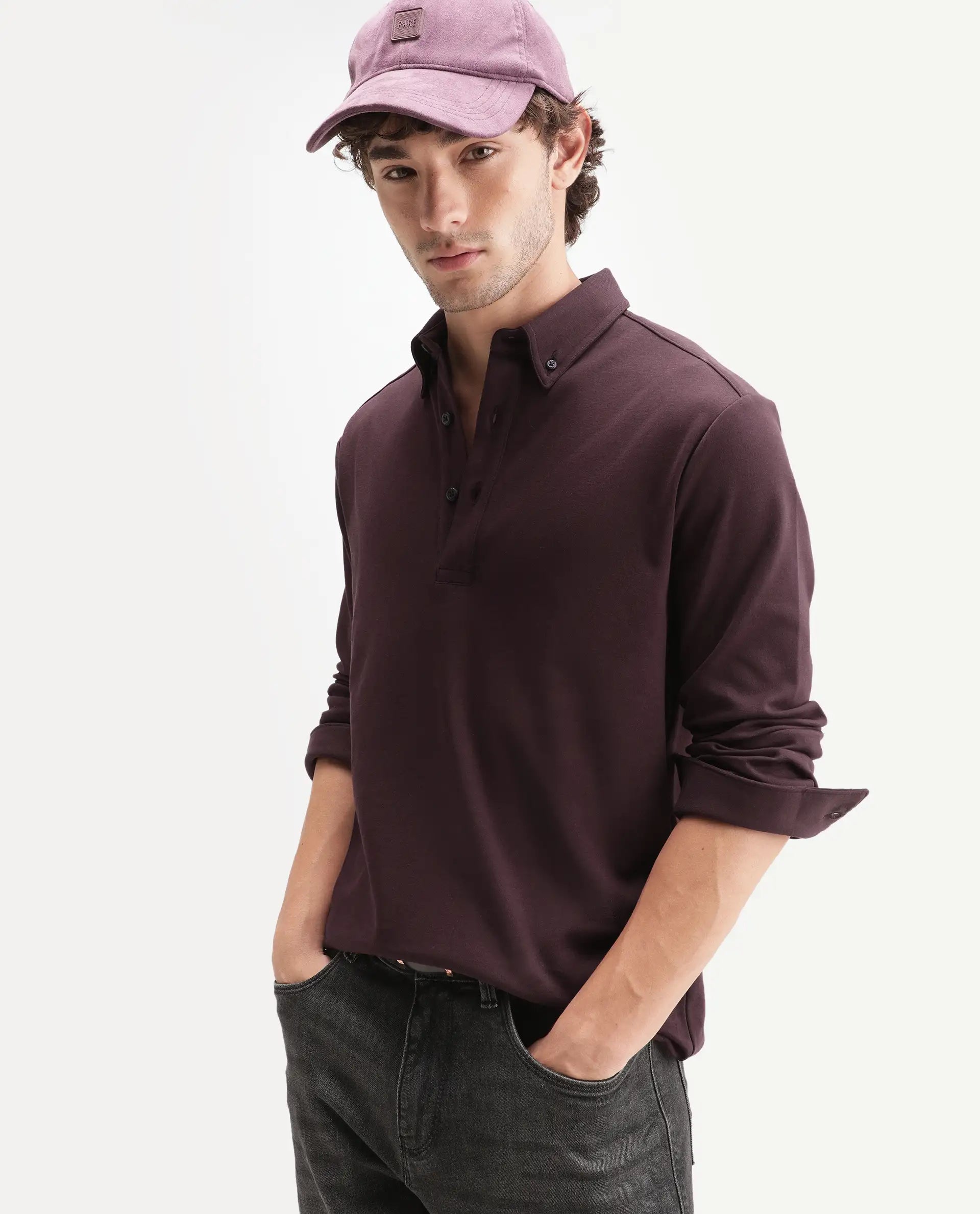 Rare Rabbit Men's Rint-A26 Dark Red Cotton Blend Button down Collar Regular Plain Polo