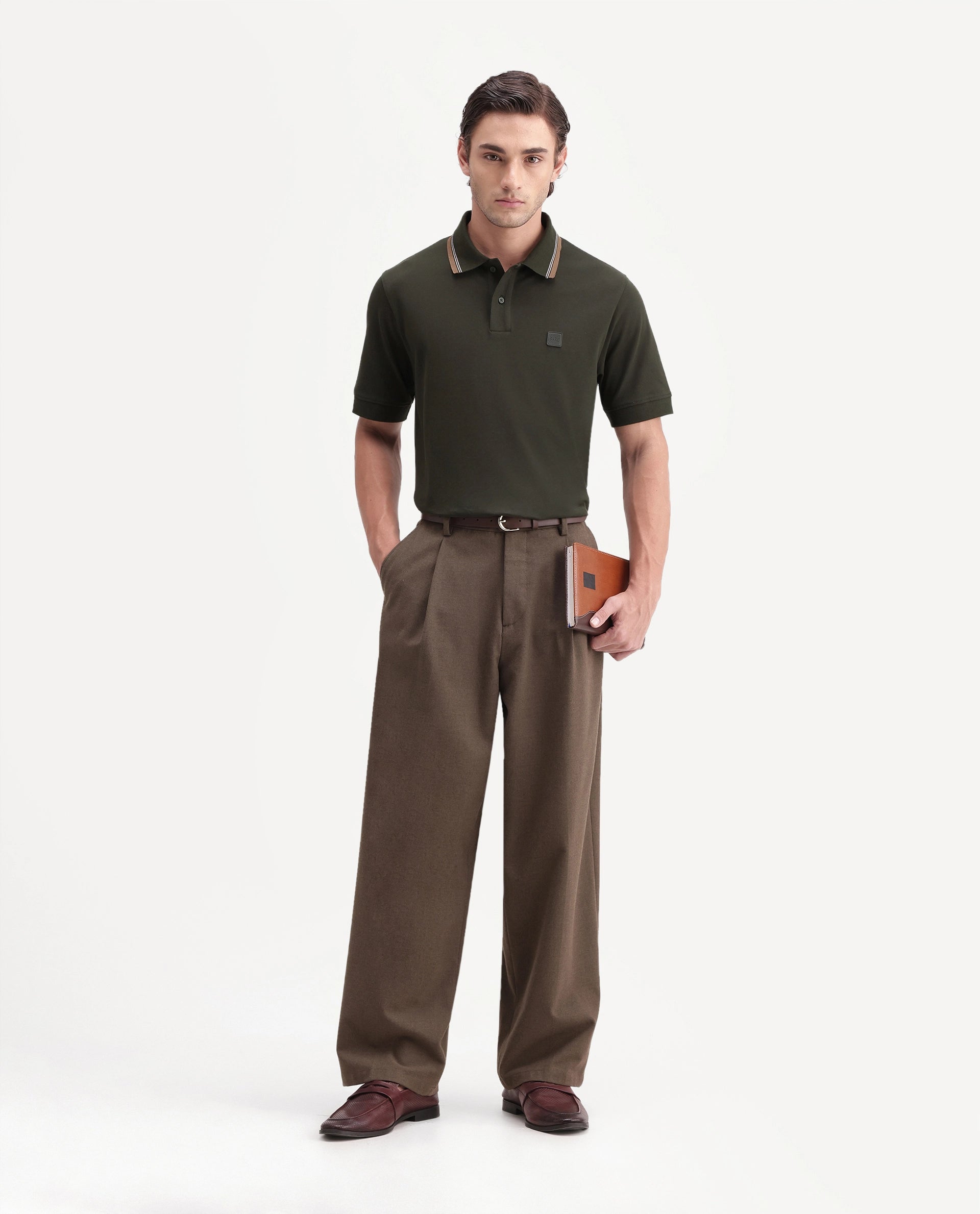 Rare Rabbit Men's Orion Olive Cotton Blend Spread Collar Regular Plain Polo